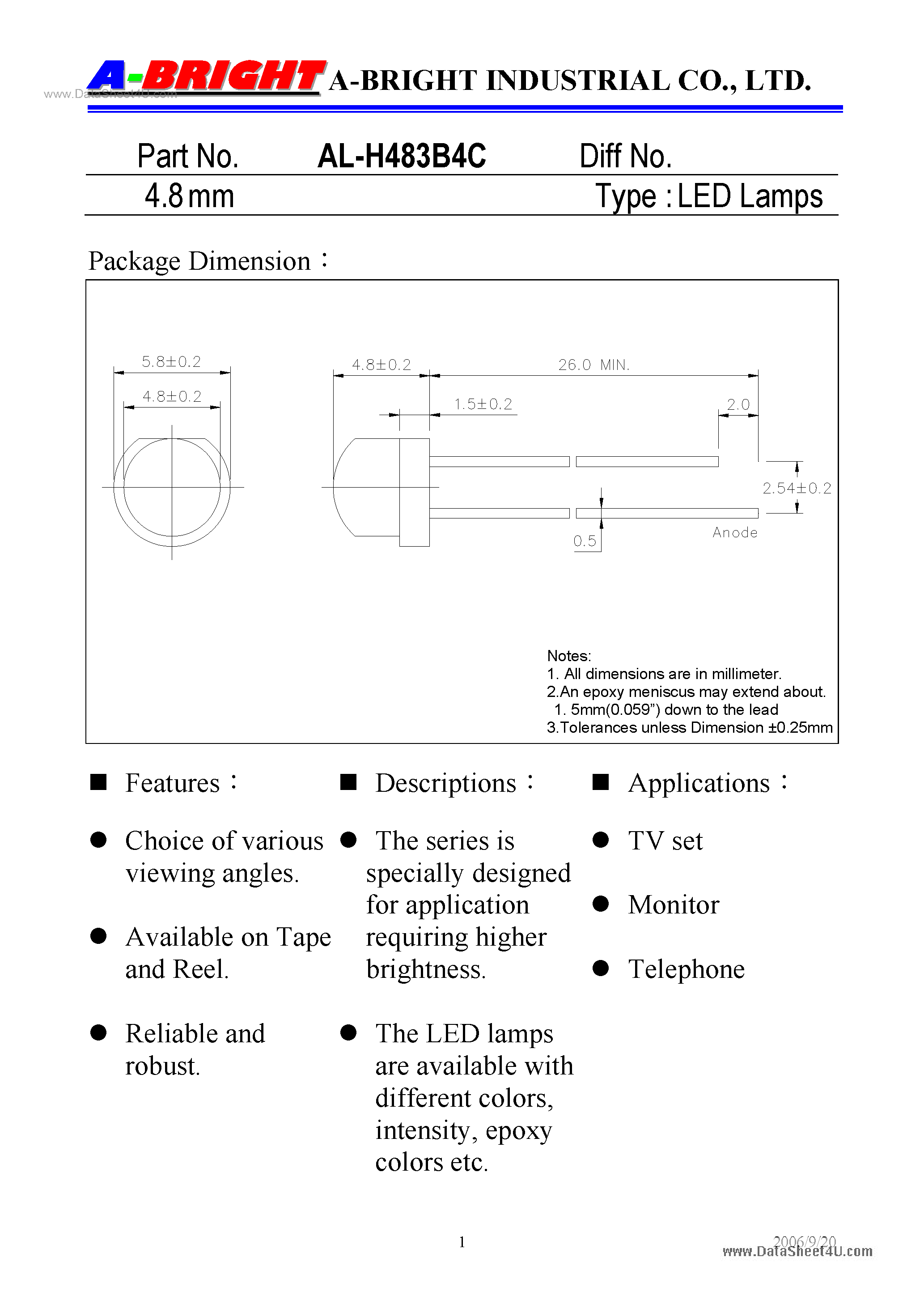 Datasheet AL-H483B4C - 4.8 mm LED Lamps page 1