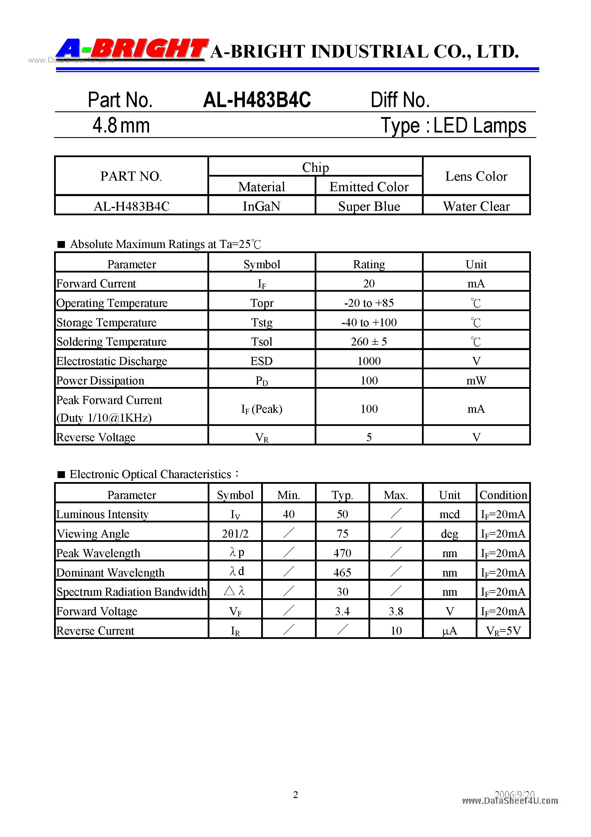 Datasheet AL-H483B4C - 4.8 mm LED Lamps page 2