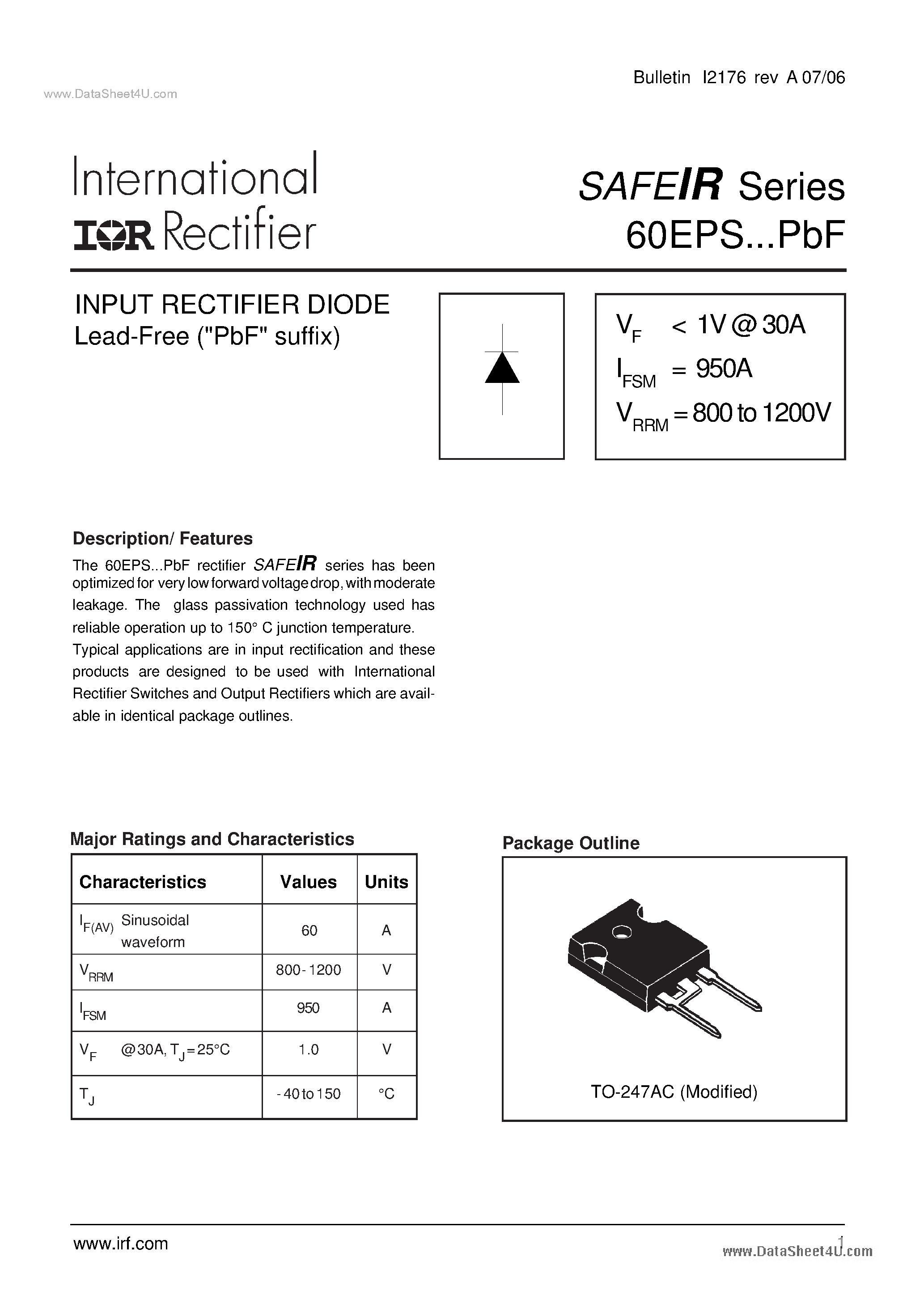Datasheet 60EPS10PBF - INPUT RECTIFIER DIODE page 1