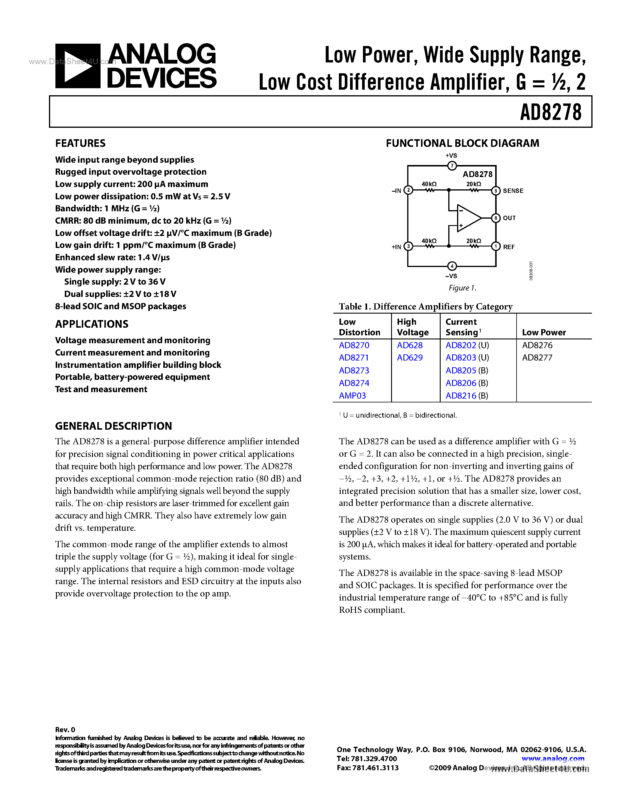 Datasheet AD8278 page 1 Datasheet AD8278 - General Purpose Difference Amplifier page 1