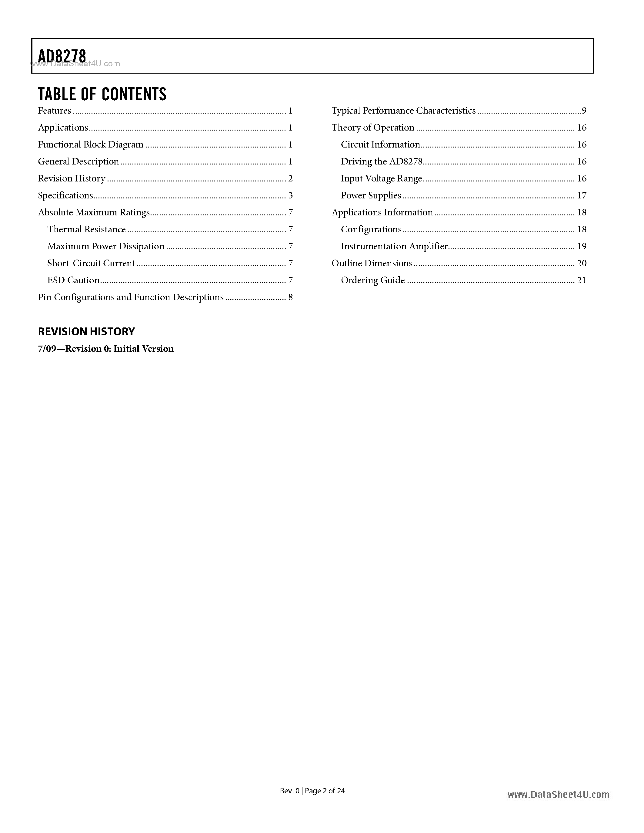 Datasheet AD8278 page 2 Datasheet AD8278 - General Purpose Difference Amplifier page 2