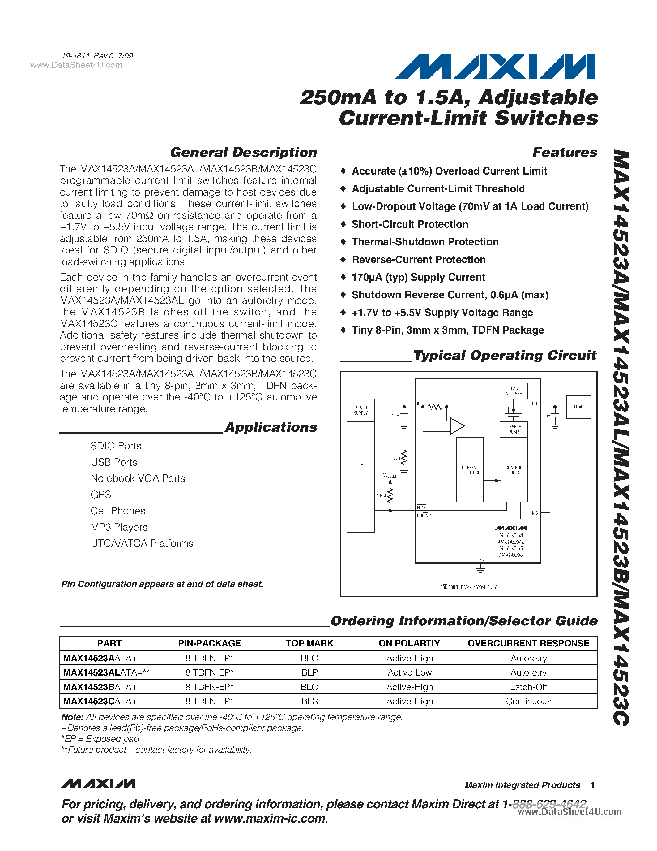 Datasheet MAX14523A - Adjustable Current-Limit Switches page 1