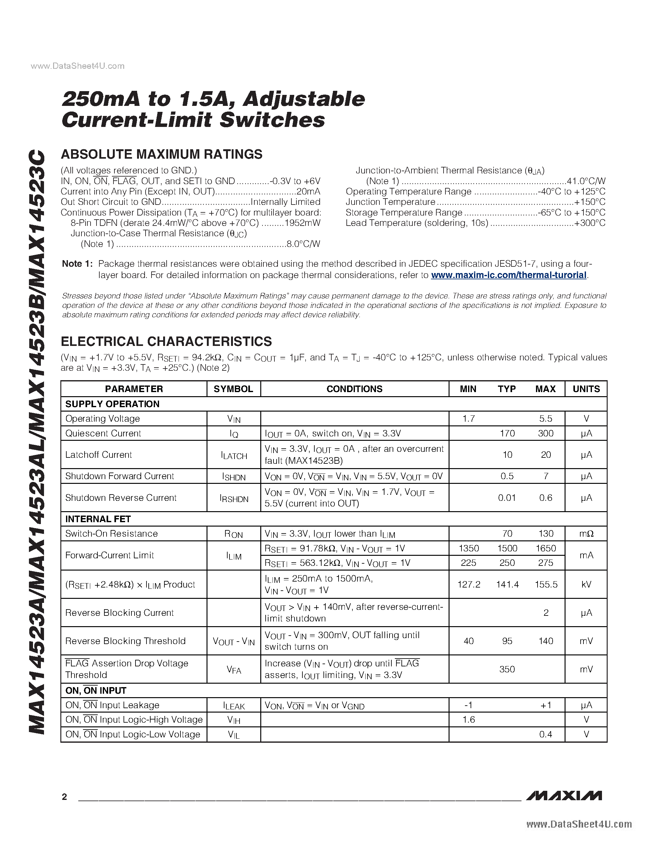 Datasheet MAX14523A - Adjustable Current-Limit Switches page 2
