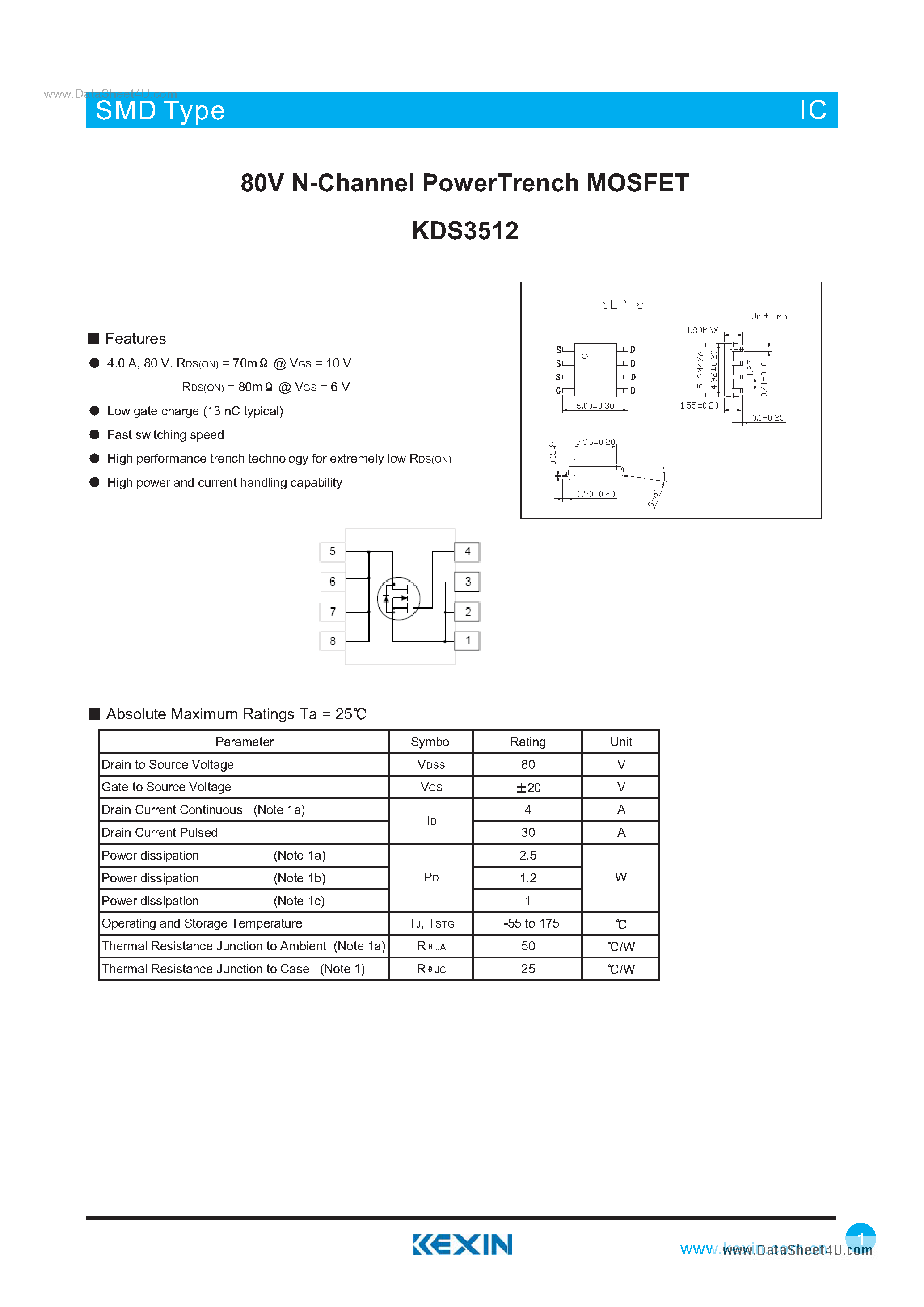 Datasheet KDS3512 - 80V N-Channel PowerTrench MOSFET page 1