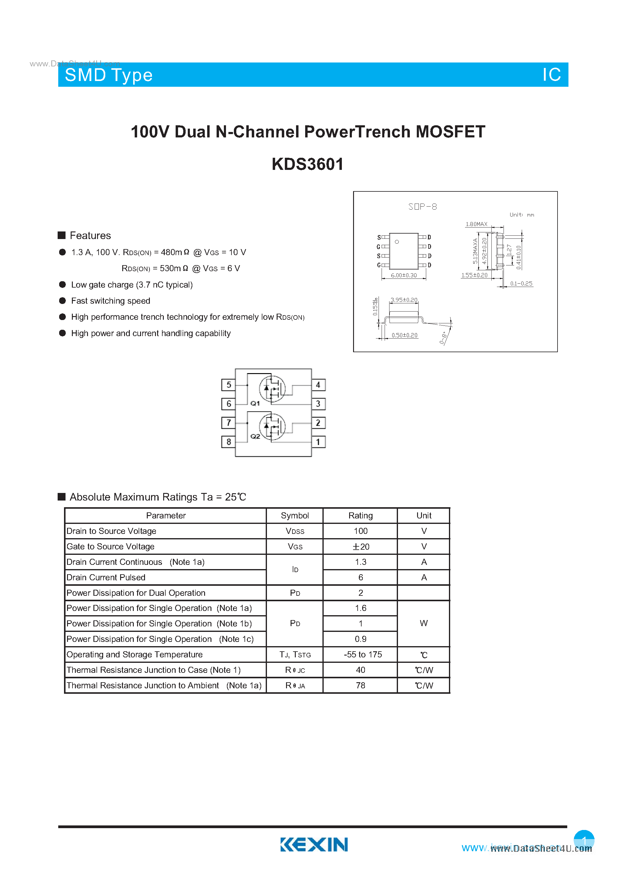 Datasheet KDS3601 - 100V Dual N-Channel PowerTrench MOSFET page 1