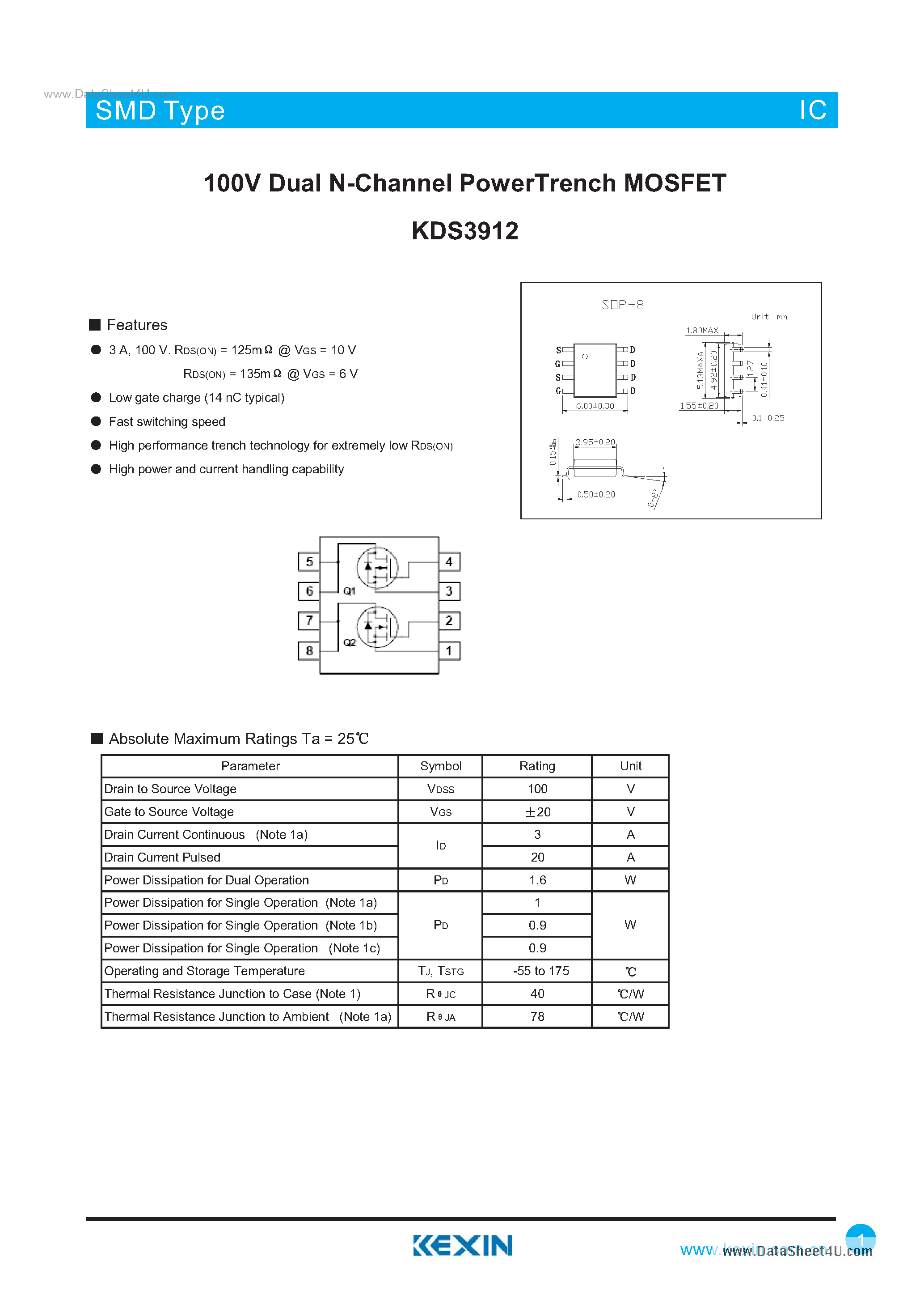 Datasheet KDS3912 - 100V Dual N-Channel PowerTrench MOSFET page 1