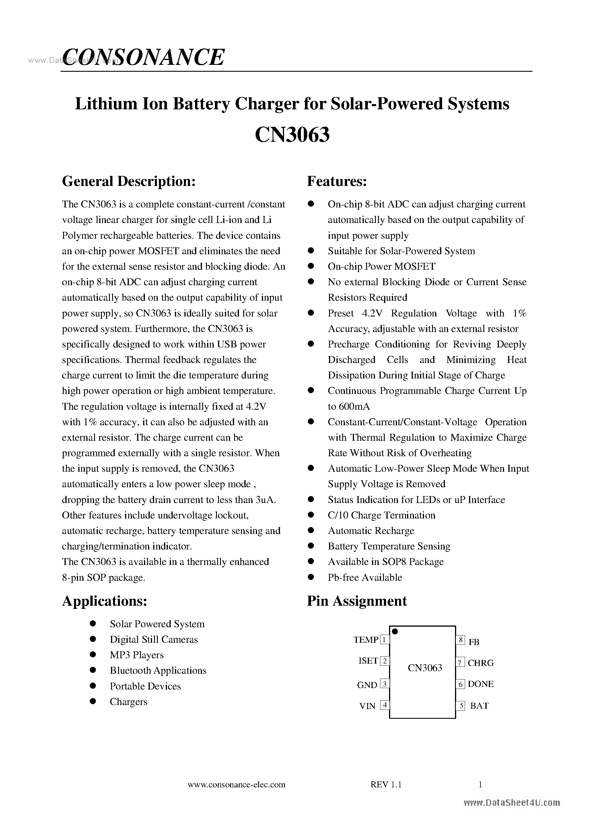 Datasheet CN3063 - Lithium Ion Battery Charger page 1