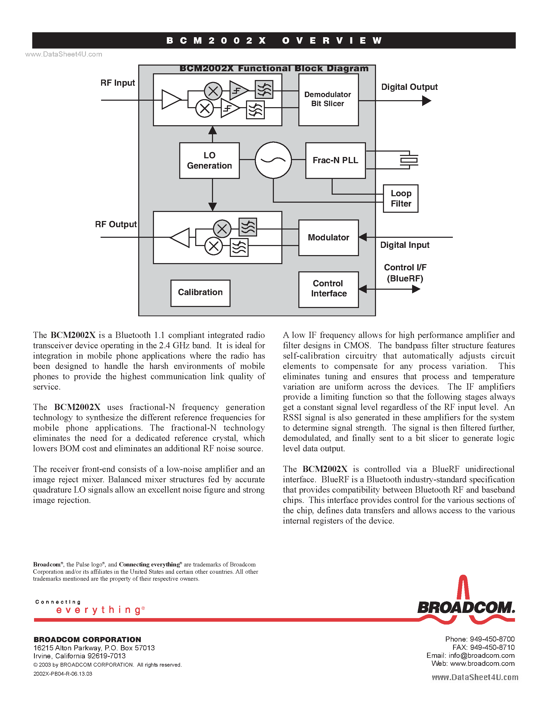Datasheet BCM2002X - 2.4 GHZ BLUETOOTH FRAC-N RADIO page 2