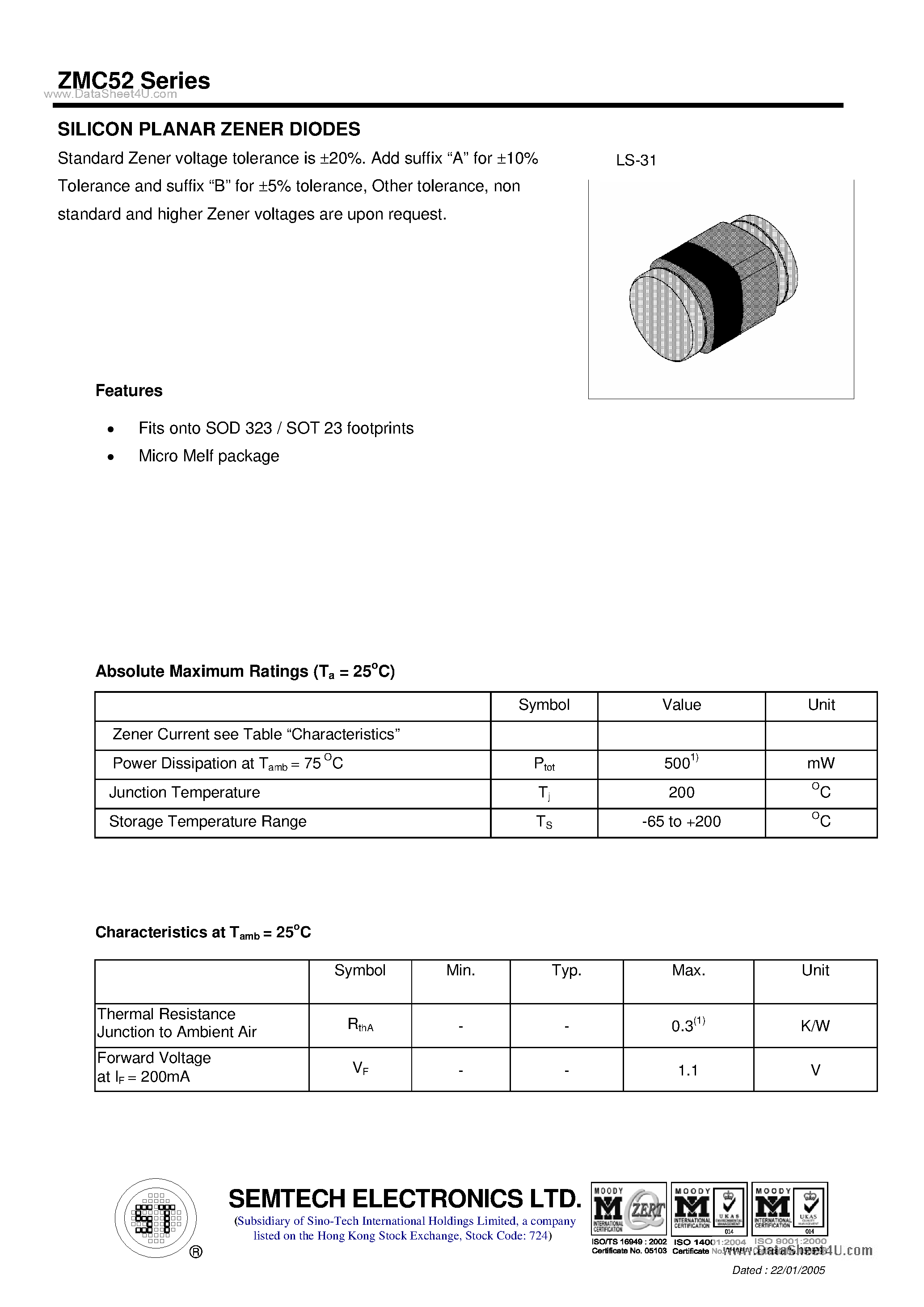 Datasheet ZMC52 - SILICON PLANAR ZENER DIODES page 1