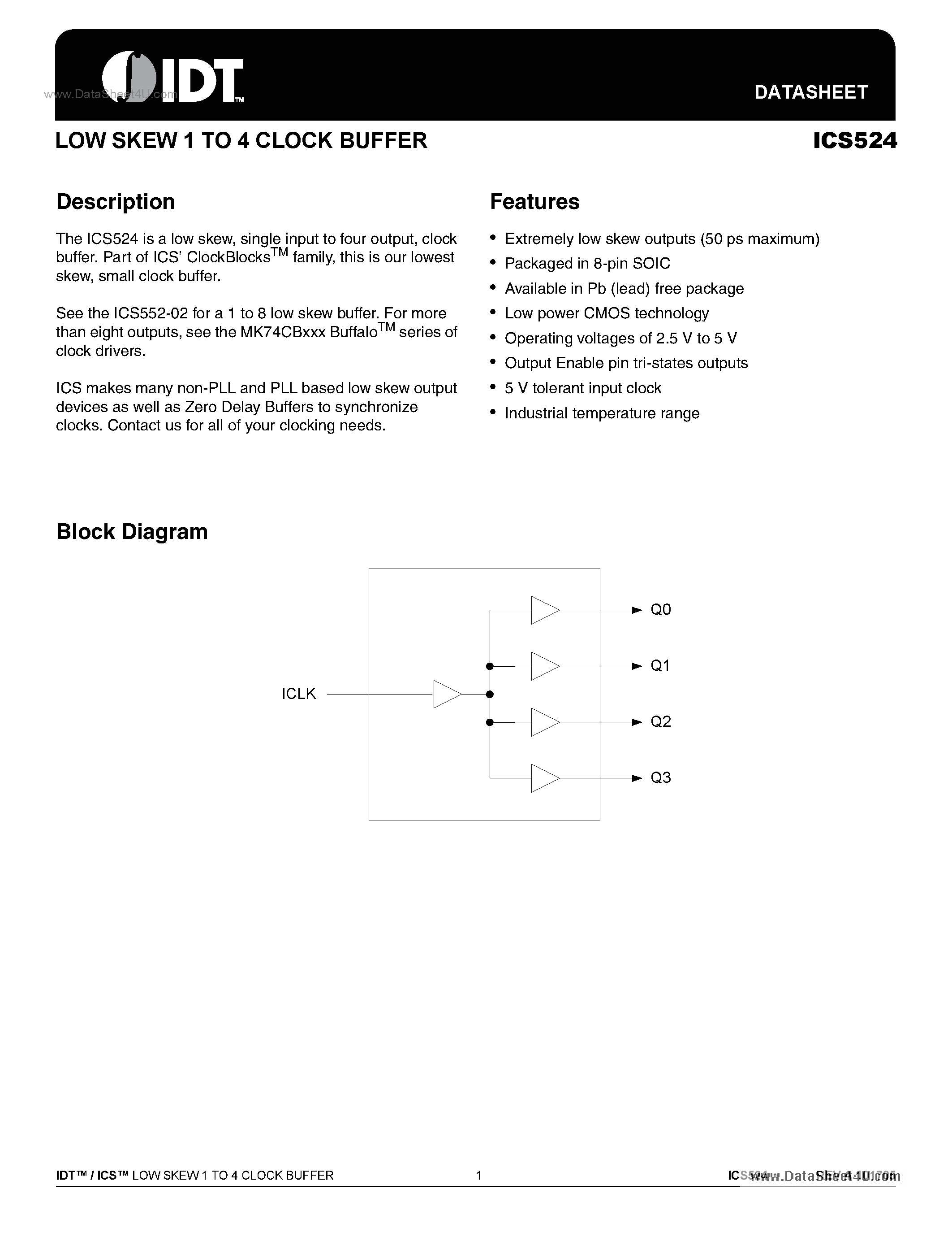 Даташит ICS524 - LOW SKEW 1 TO 4 CLOCK BUFFER страница 1