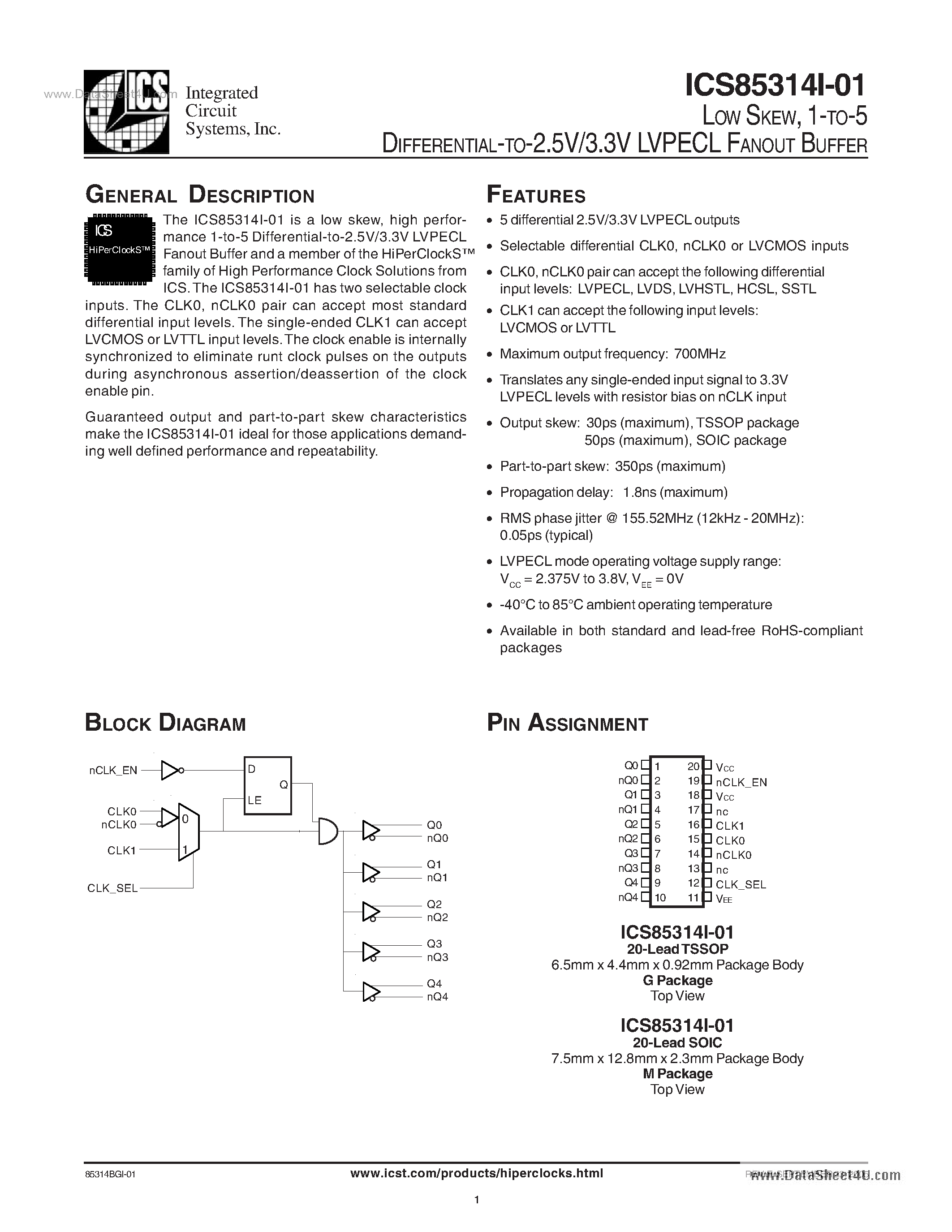 Datasheet ICS5314I-01 - DIFFERENTIAL-TO-2.5V/3.3V LVPECL FANOUT BUFFER page 1