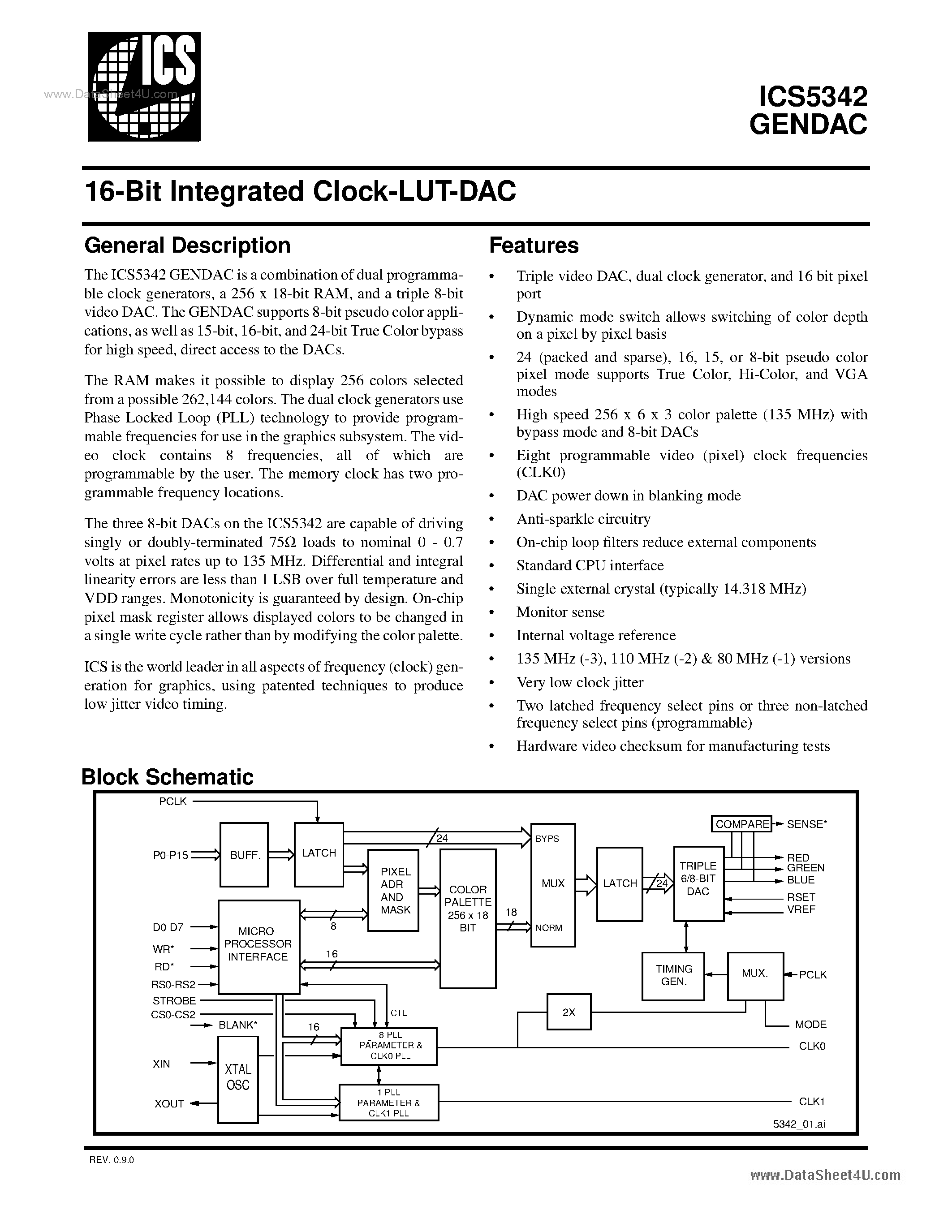 Datasheet ICS5342 - 16-Bit Integrated Clock-LUT-DAC page 1