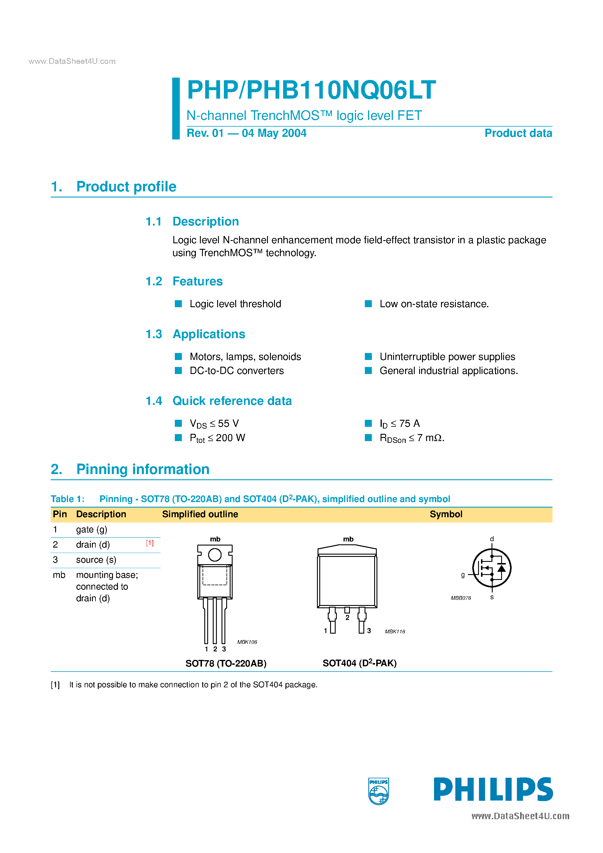 Datasheet PHB110NQ06LT - N-channel TrenchMOS logic level FET page 1