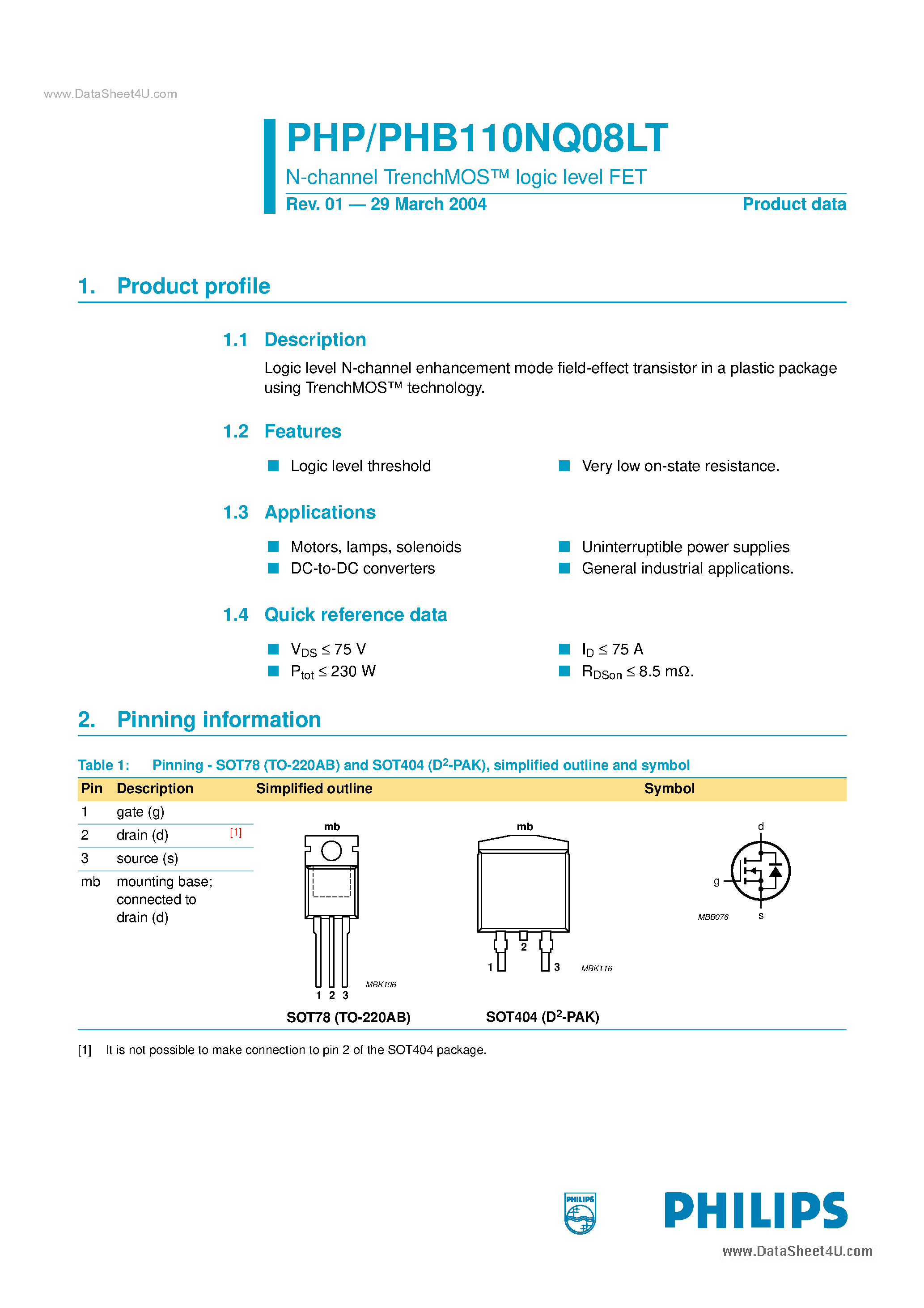 Datasheet PHB110NQ08LT - N-channel TrenchMOS logic level FET page 1