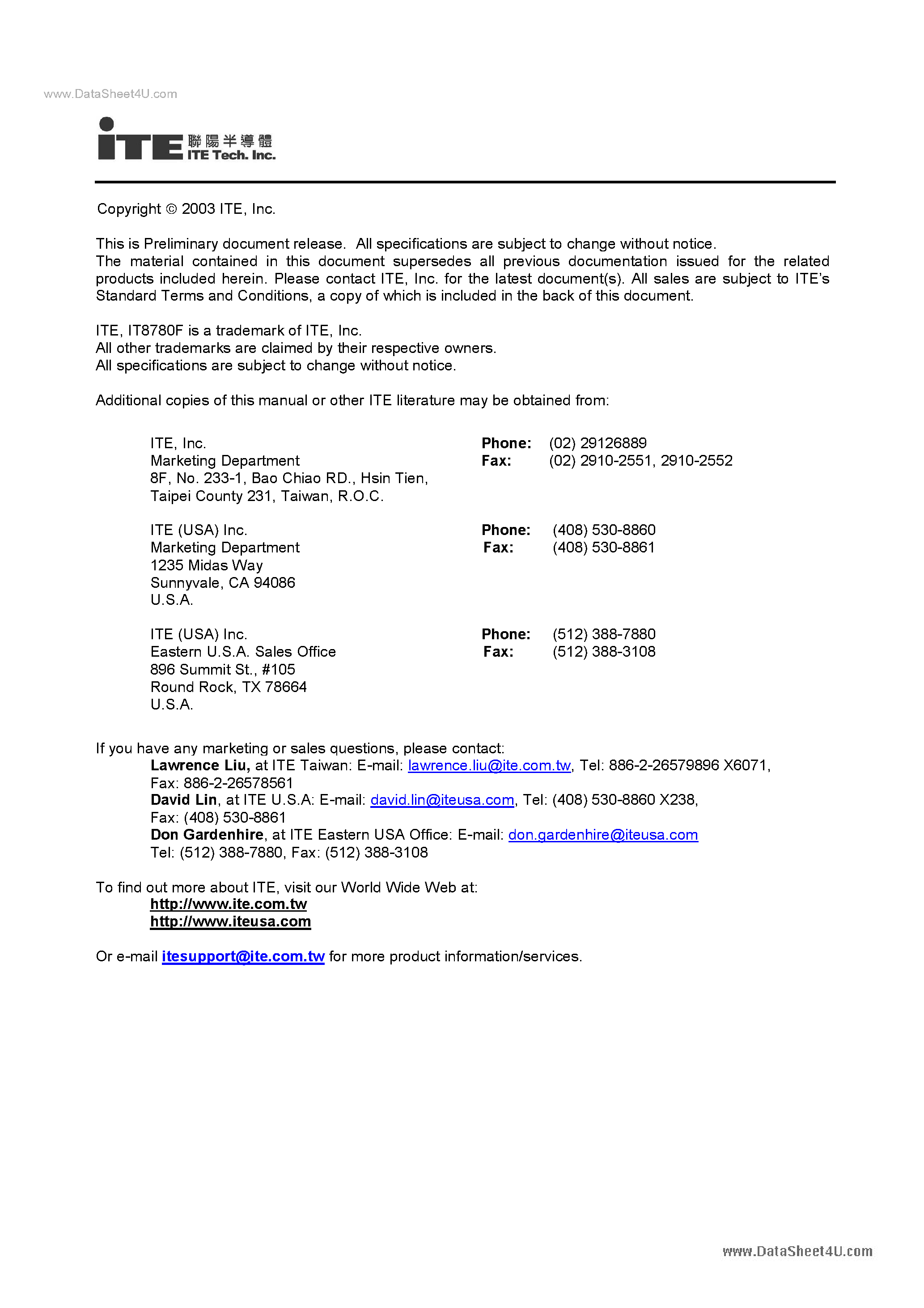 Datasheet IT8780F - Serverwork I/o page 2