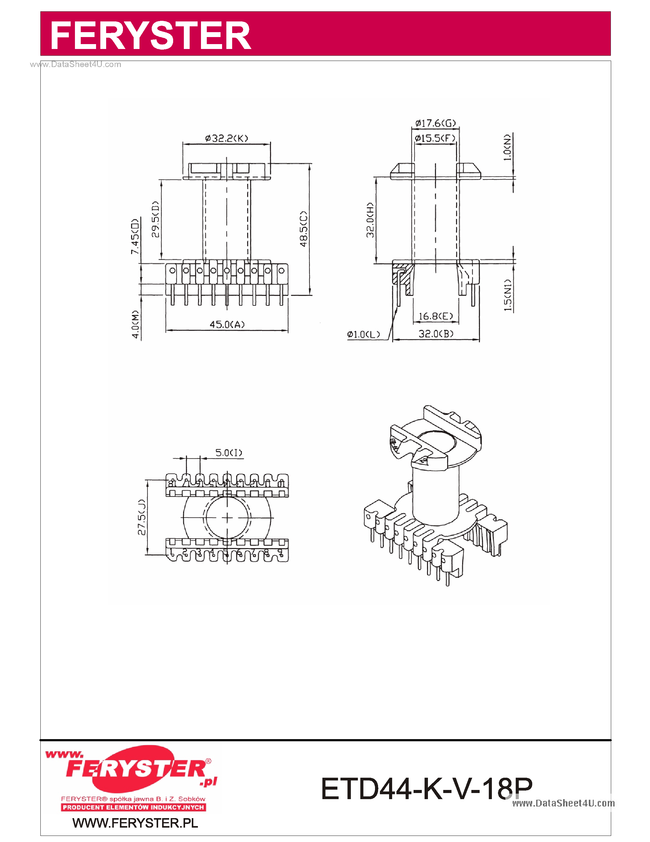 Datasheet ETD44-K-V-18P - ETD Bobbins page 1