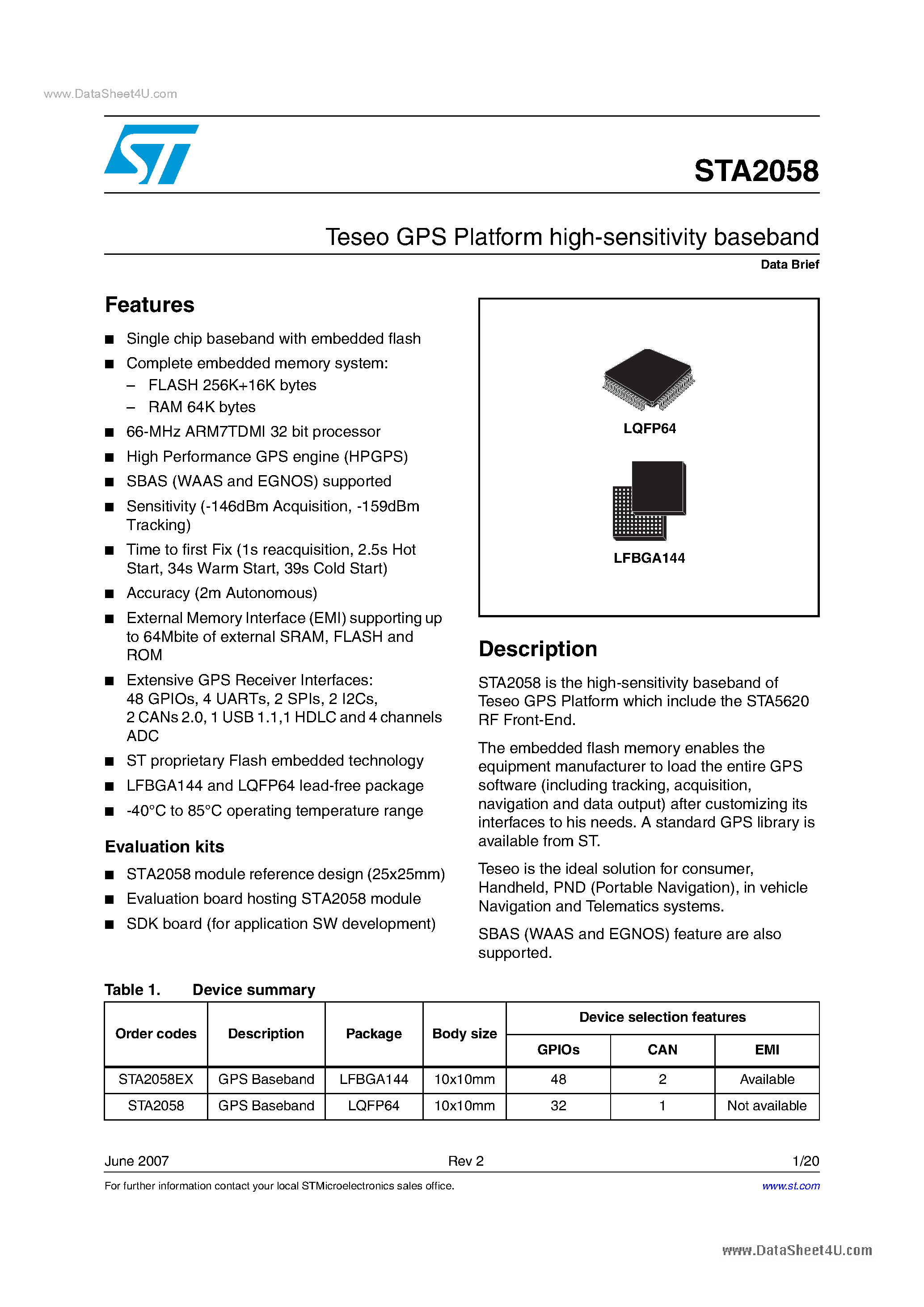 Datasheet STA2058 page 1 Datasheet STA2058 - Teseo GPS Platform high-sensitivity baseband page 1