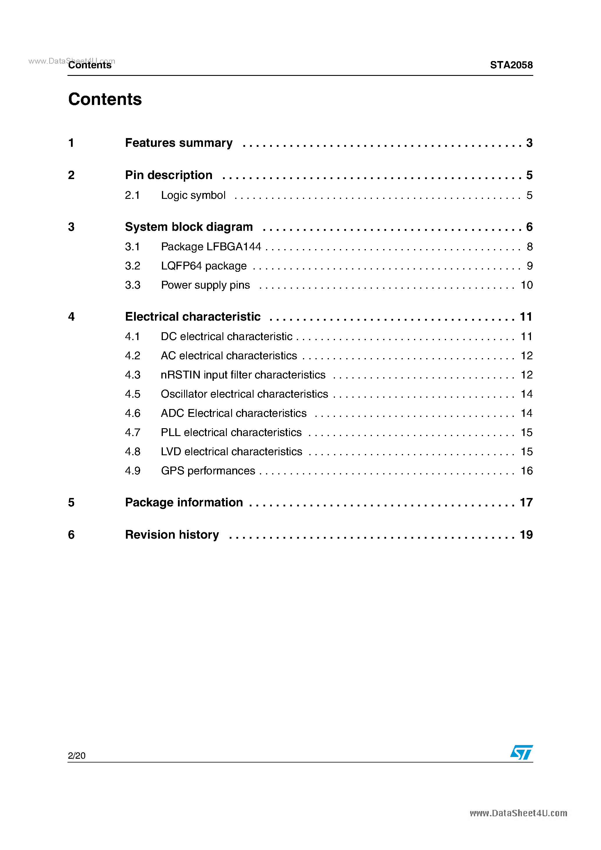 Datasheet STA2058 page 2 Datasheet STA2058 - Teseo GPS Platform high-sensitivity baseband page 2
