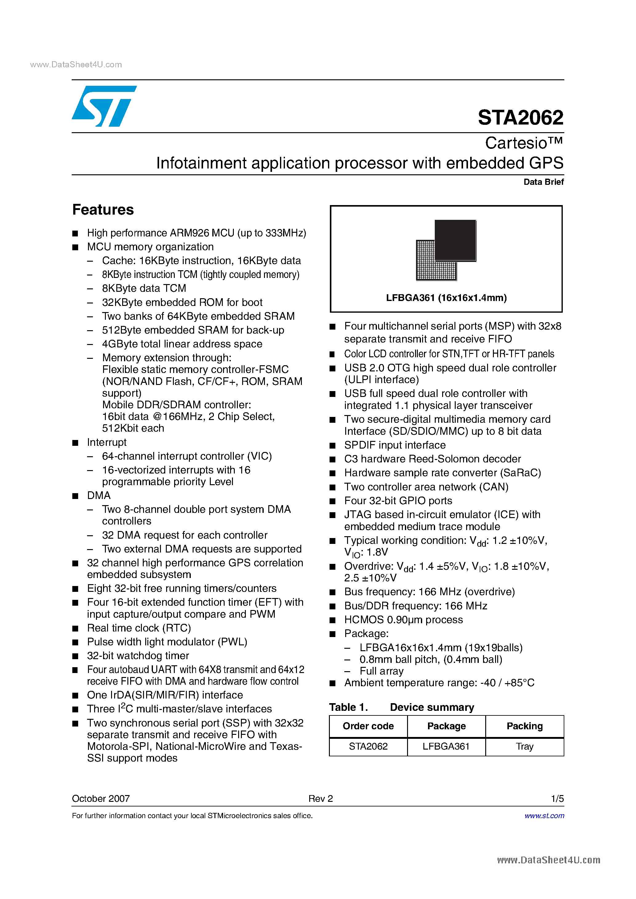 Datasheet STA2062 - Infotainment application processor page 1