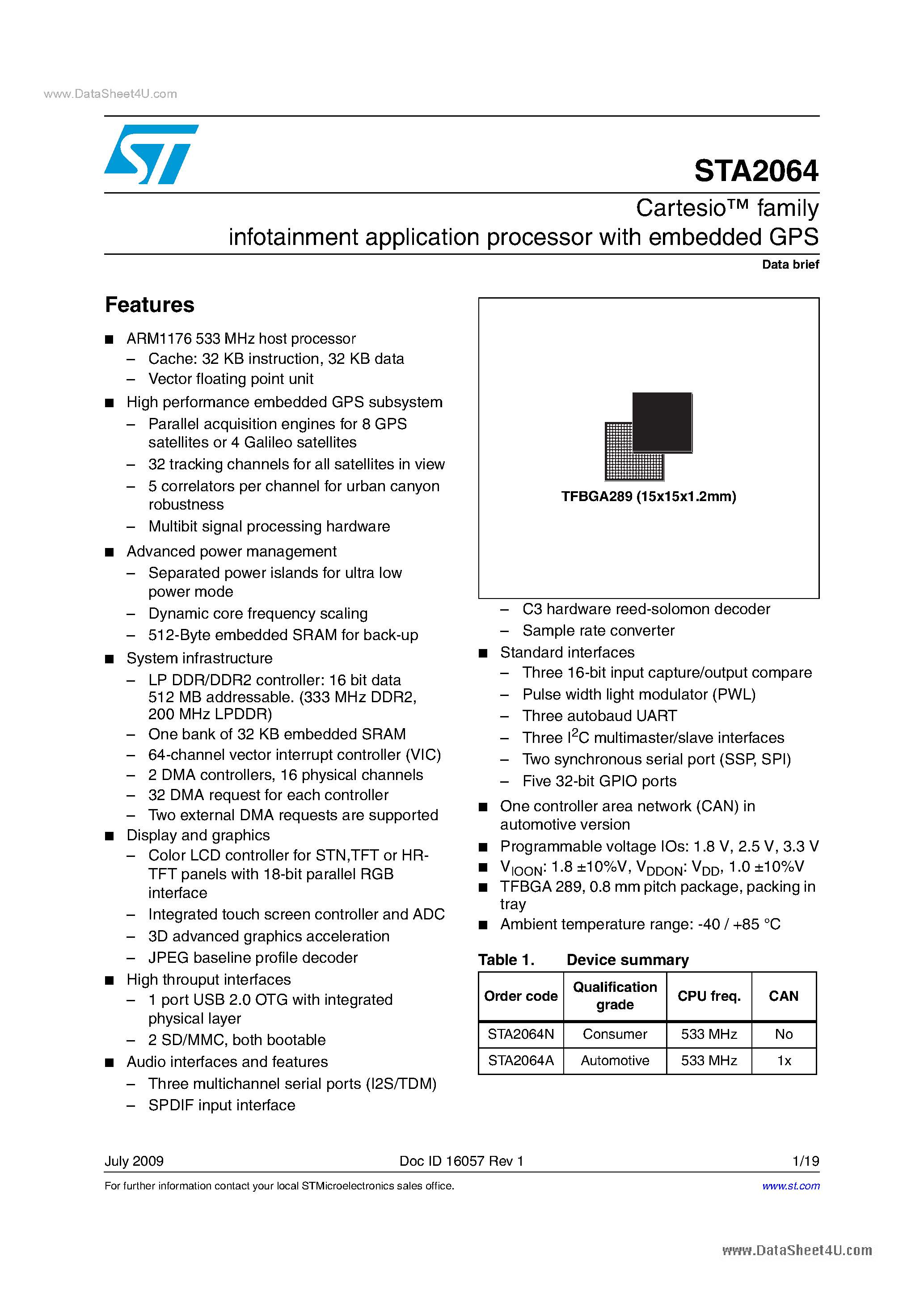 Datasheet STA2064 page 1 Datasheet STA2064 - infotainment application processor page 1
