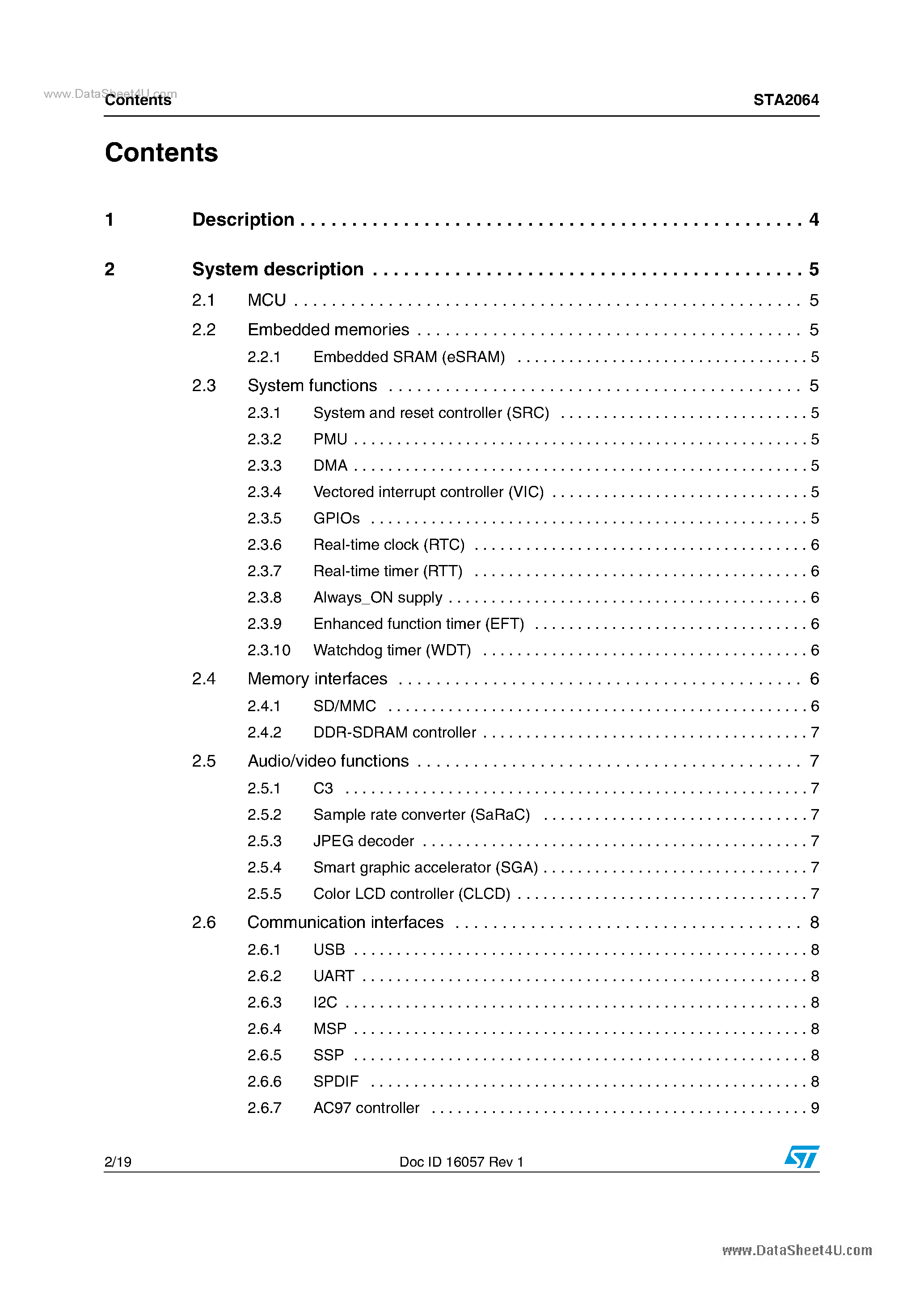 Datasheet STA2064 page 2 Datasheet STA2064 - infotainment application processor page 2