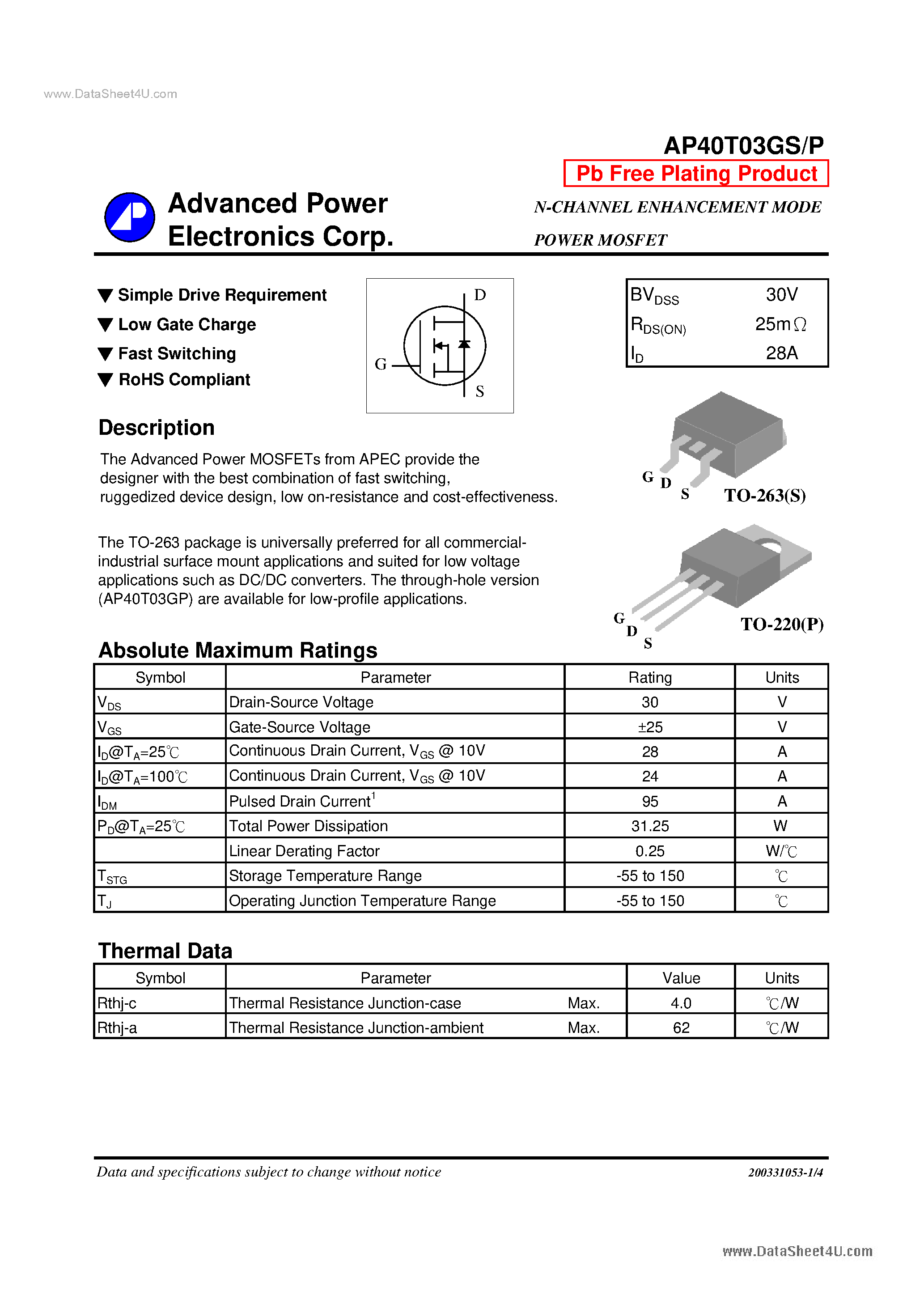Datasheet 40T03GP page 1 Datasheet 40T03GP - Search -----> AP40T03GP page 1