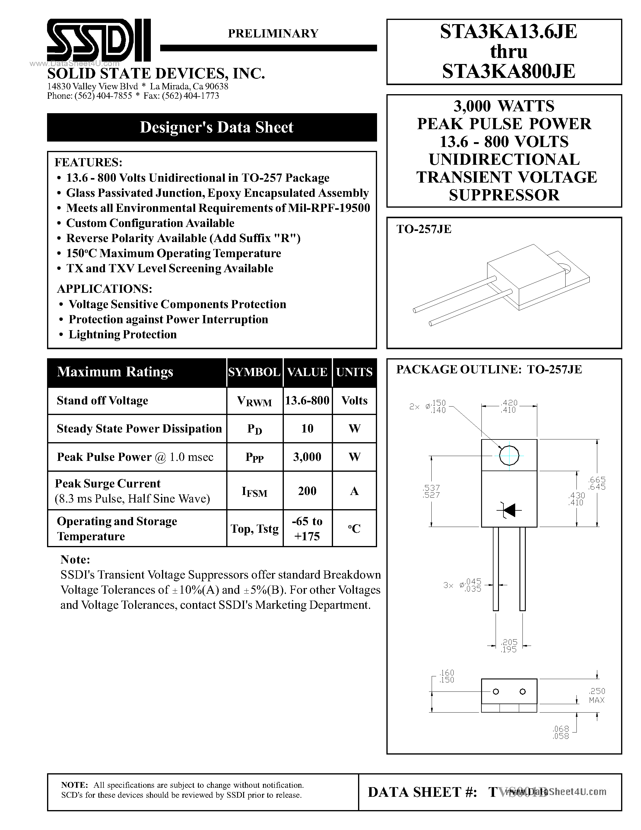 Datasheet STA3KAxxxJE page 1 Datasheet STA3KAxxxJE - UNIDIRECTIONAL TRANSIENT VOLTAGE SUPPRESSOR page 1