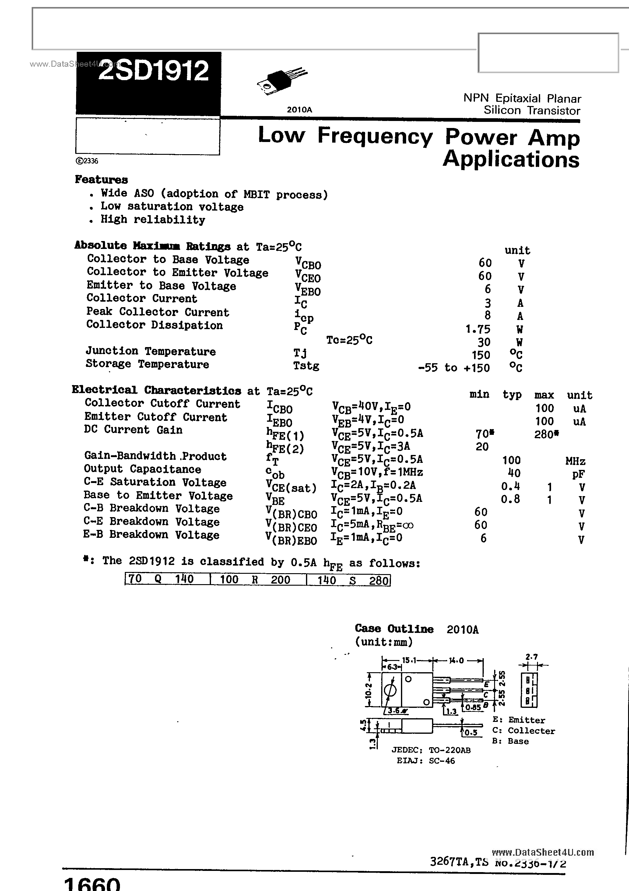 Datasheet 2SD1912 page 1 Datasheet 2SD1912 - LOW FREQUENCY POWER AMP APPLICATIONS page 1