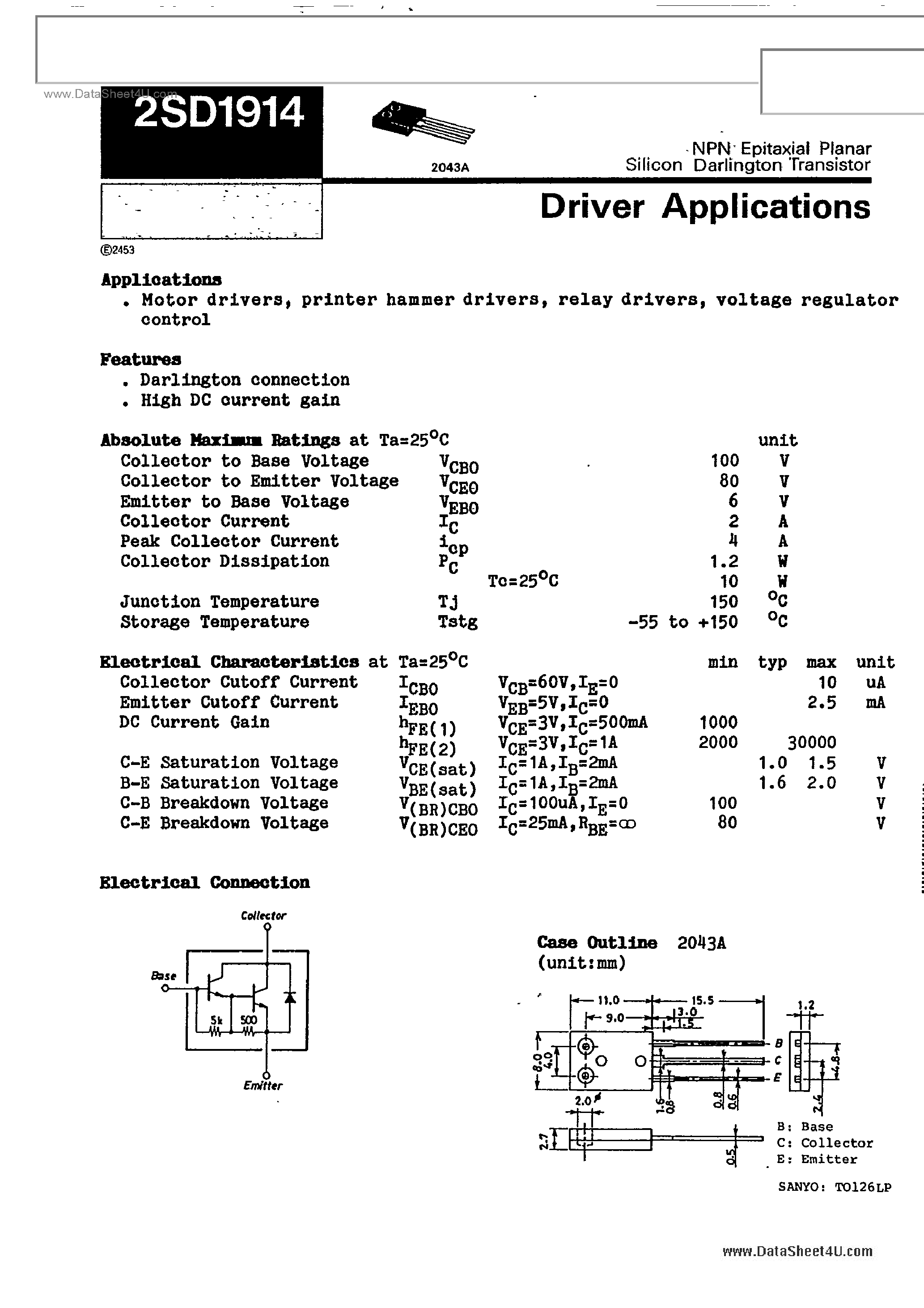 Datasheet 2SD1914 - NPN EPITAXIAL PLANAR SILICON DARLINGTON TRANSISTOR DRIVER APPLICATIONS page 1