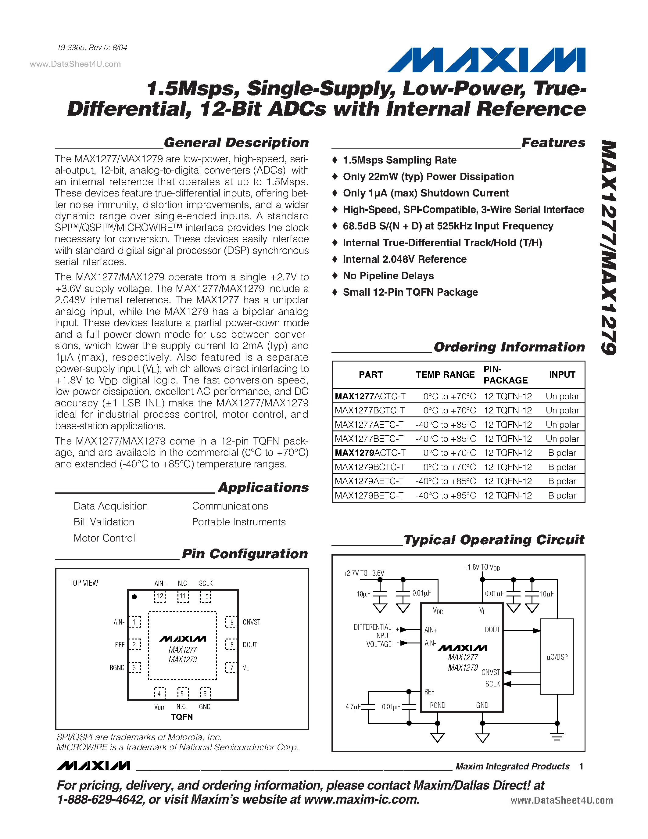 Даташит MAX1277 - (MAX1277 / MAX1279) 12-Bit ADCs страница 1