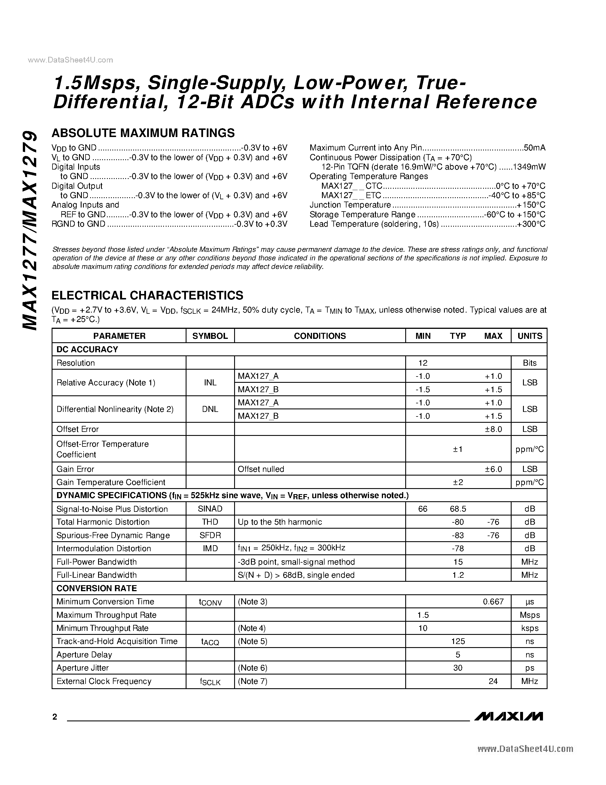 Даташит MAX1277 - (MAX1277 / MAX1279) 12-Bit ADCs страница 2