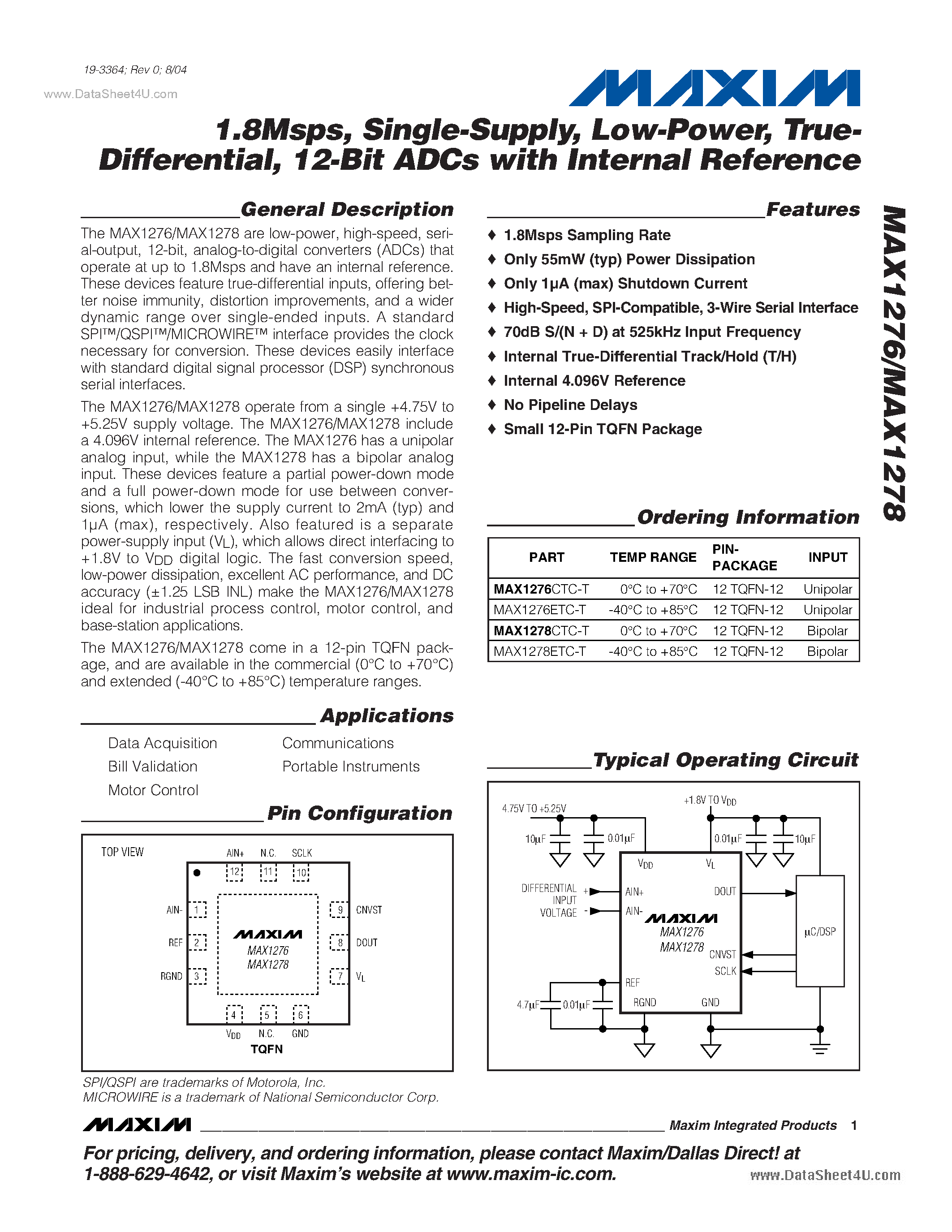 Даташит MAX1276 - (MAX1276 / MAX1278) 12-Bit ADCs страница 1