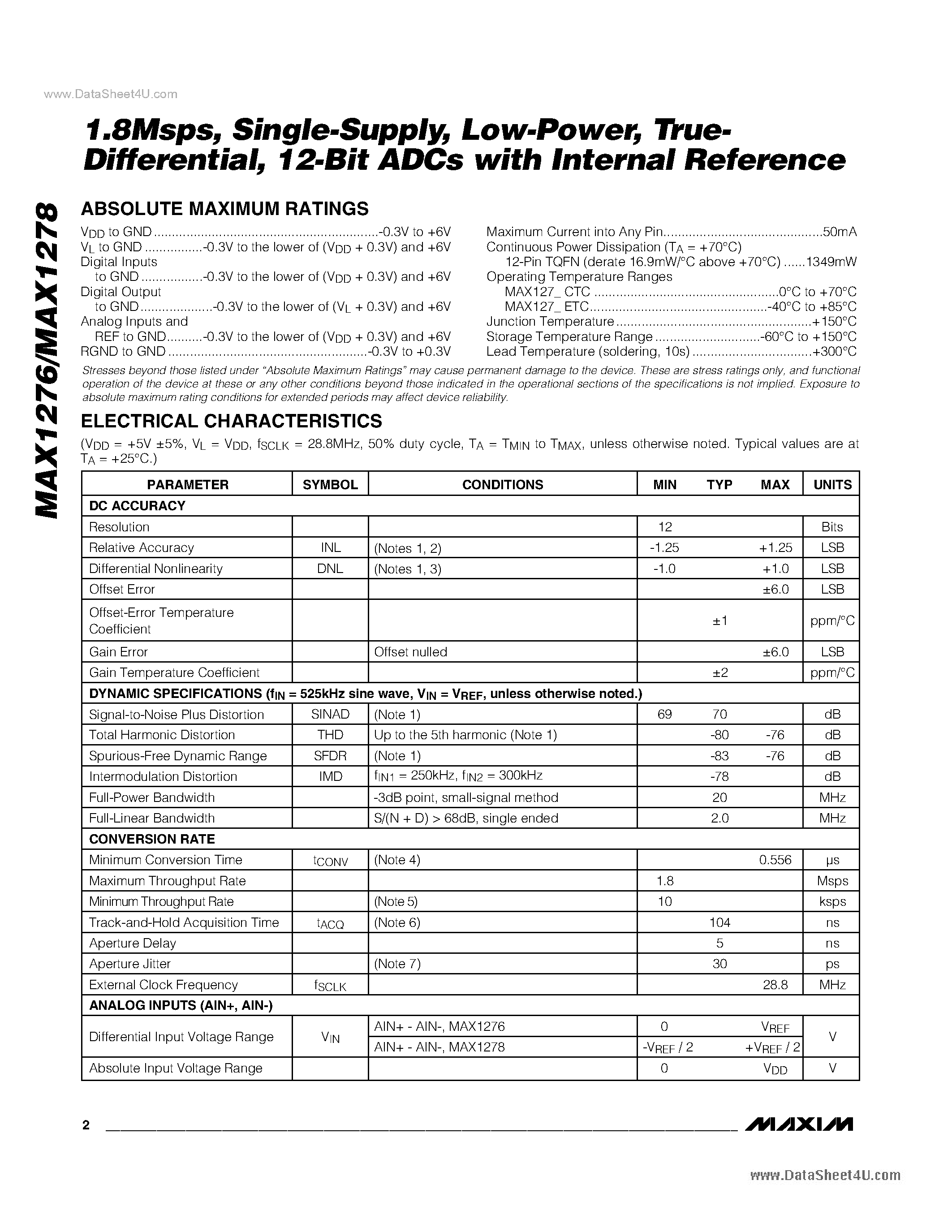 Даташит MAX1276 - (MAX1276 / MAX1278) 12-Bit ADCs страница 2