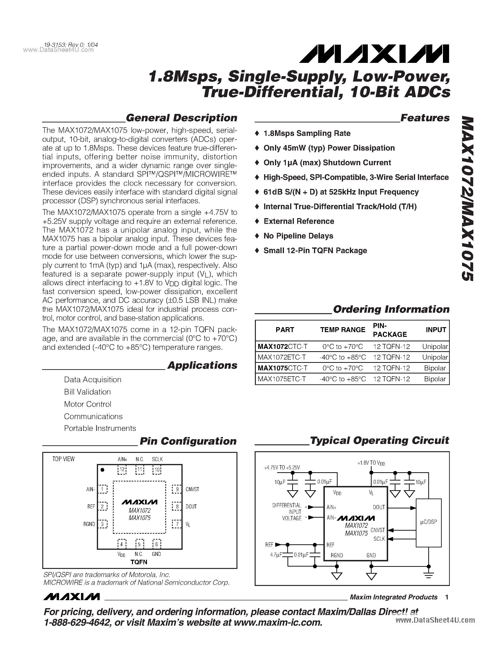 Даташит MAX1072 - (MAX1072 / MAX1075) 10-Bit ADCs страница 1