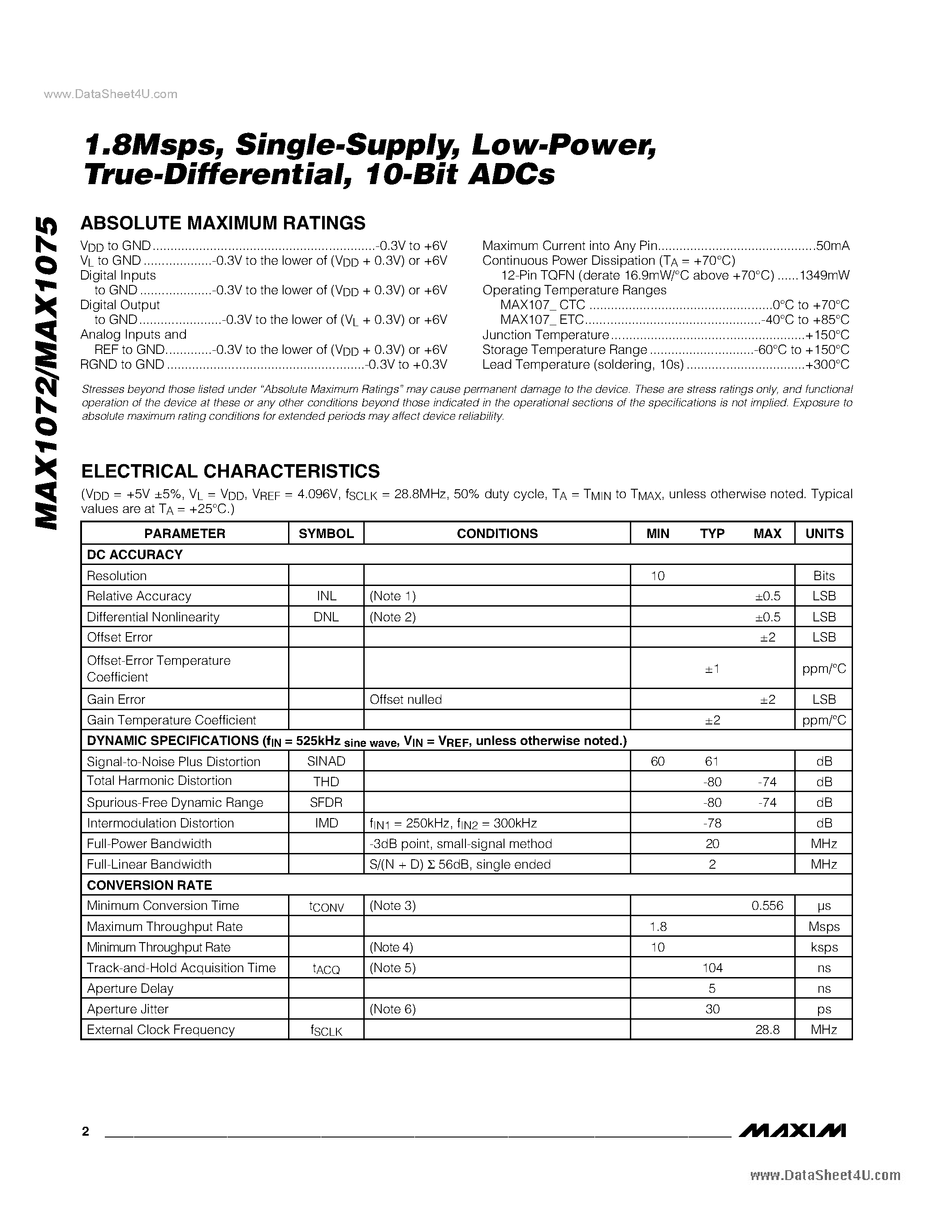 Даташит MAX1072 - (MAX1072 / MAX1075) 10-Bit ADCs страница 2