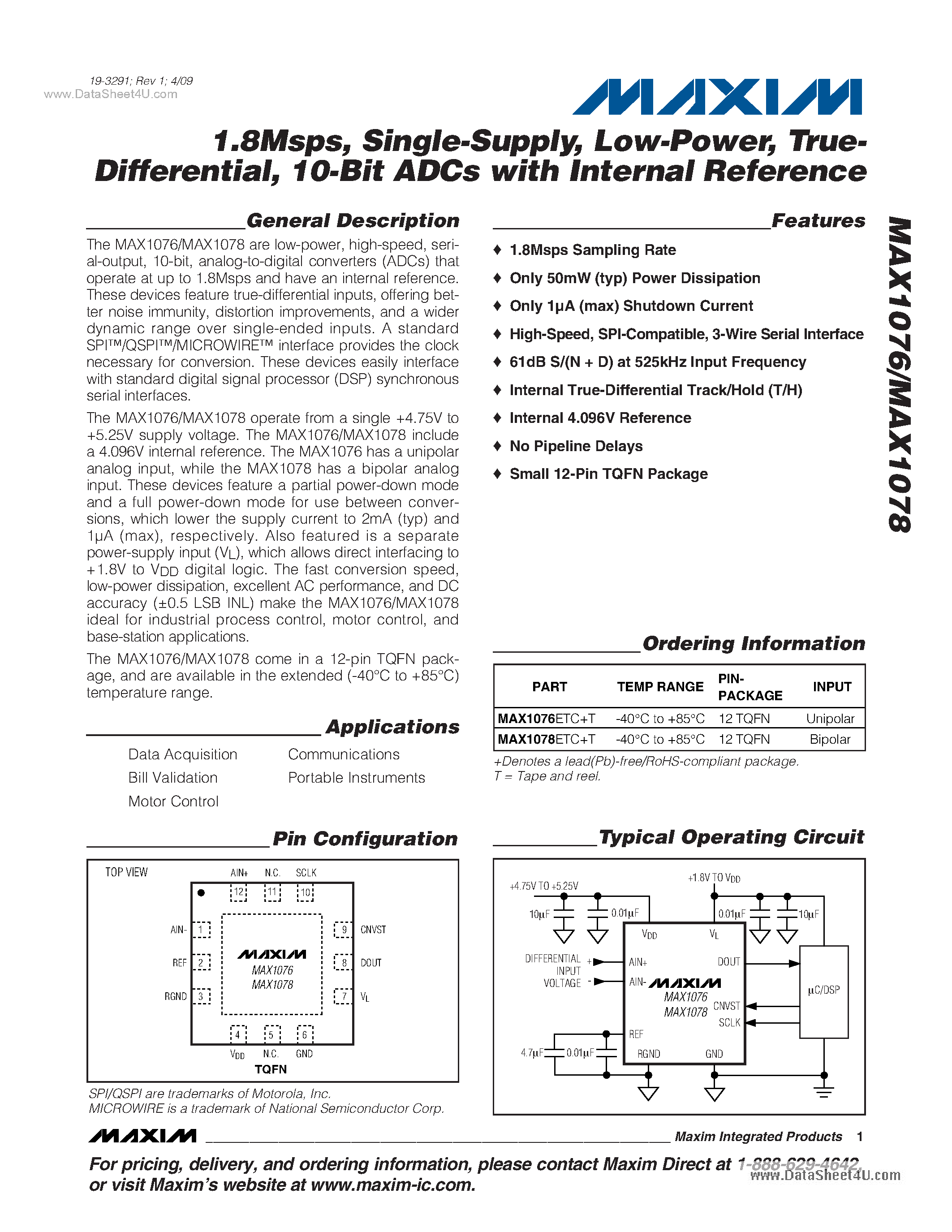 Даташит MAX1076 - (MAX1076 / MAX1078) 10-Bit ADCs страница 1
