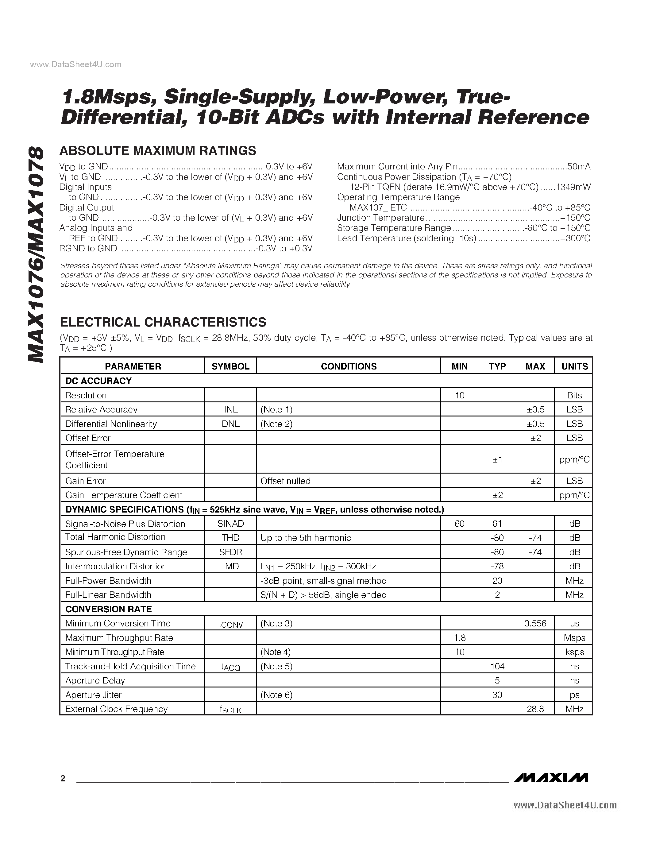 Даташит MAX1076 - (MAX1076 / MAX1078) 10-Bit ADCs страница 2