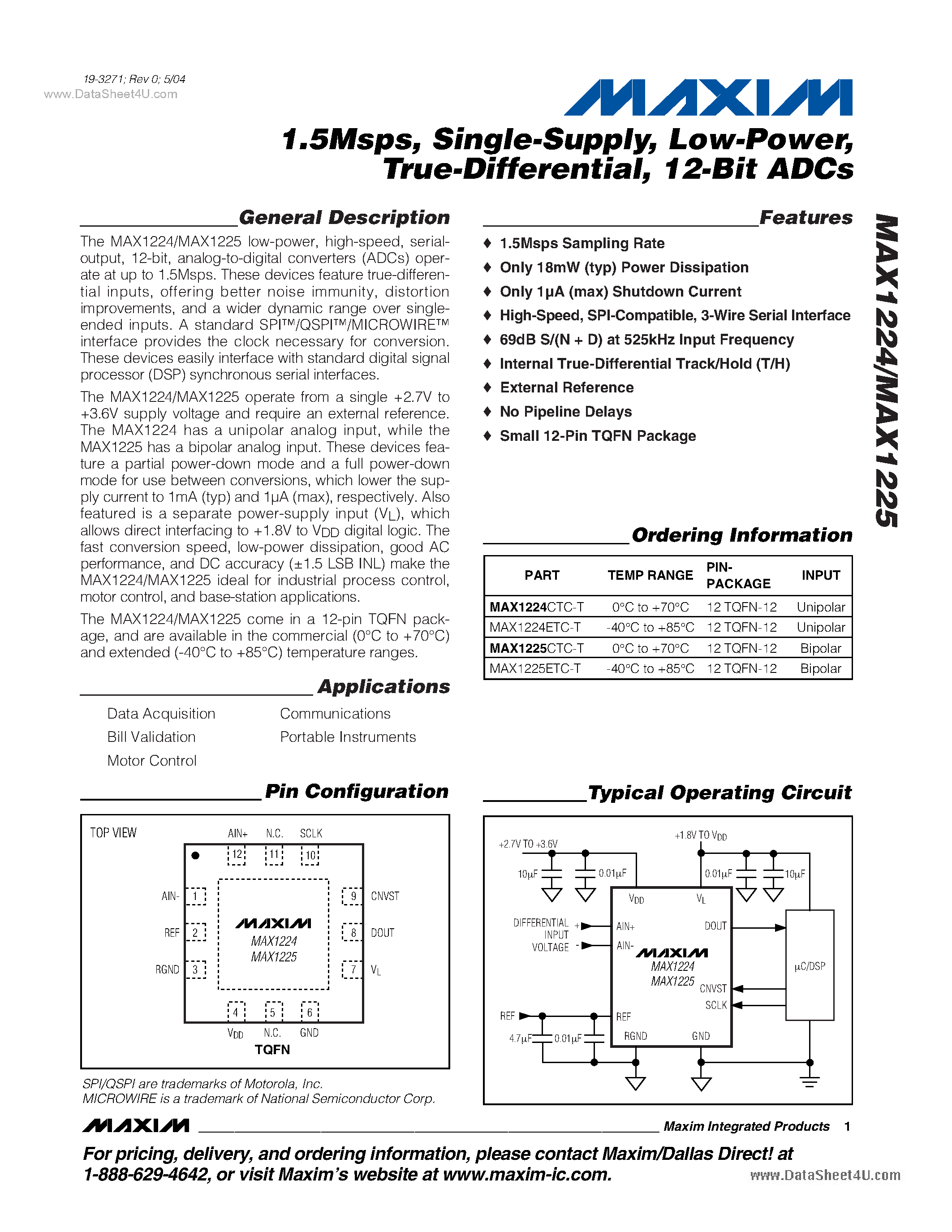 Даташит MAX1224 - (MAX1224 / MAX1225) 12-Bit ADCs страница 1