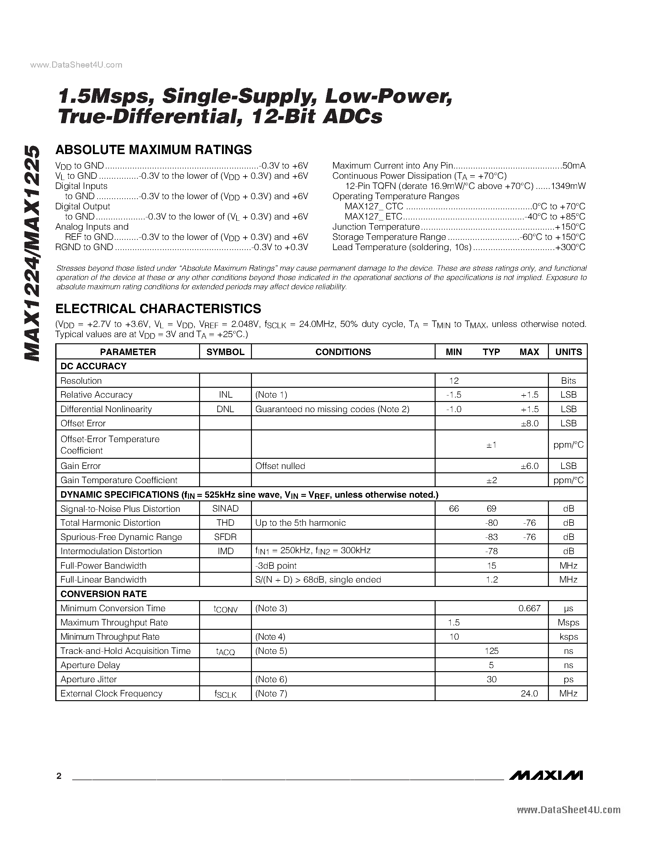 Даташит MAX1224 - (MAX1224 / MAX1225) 12-Bit ADCs страница 2