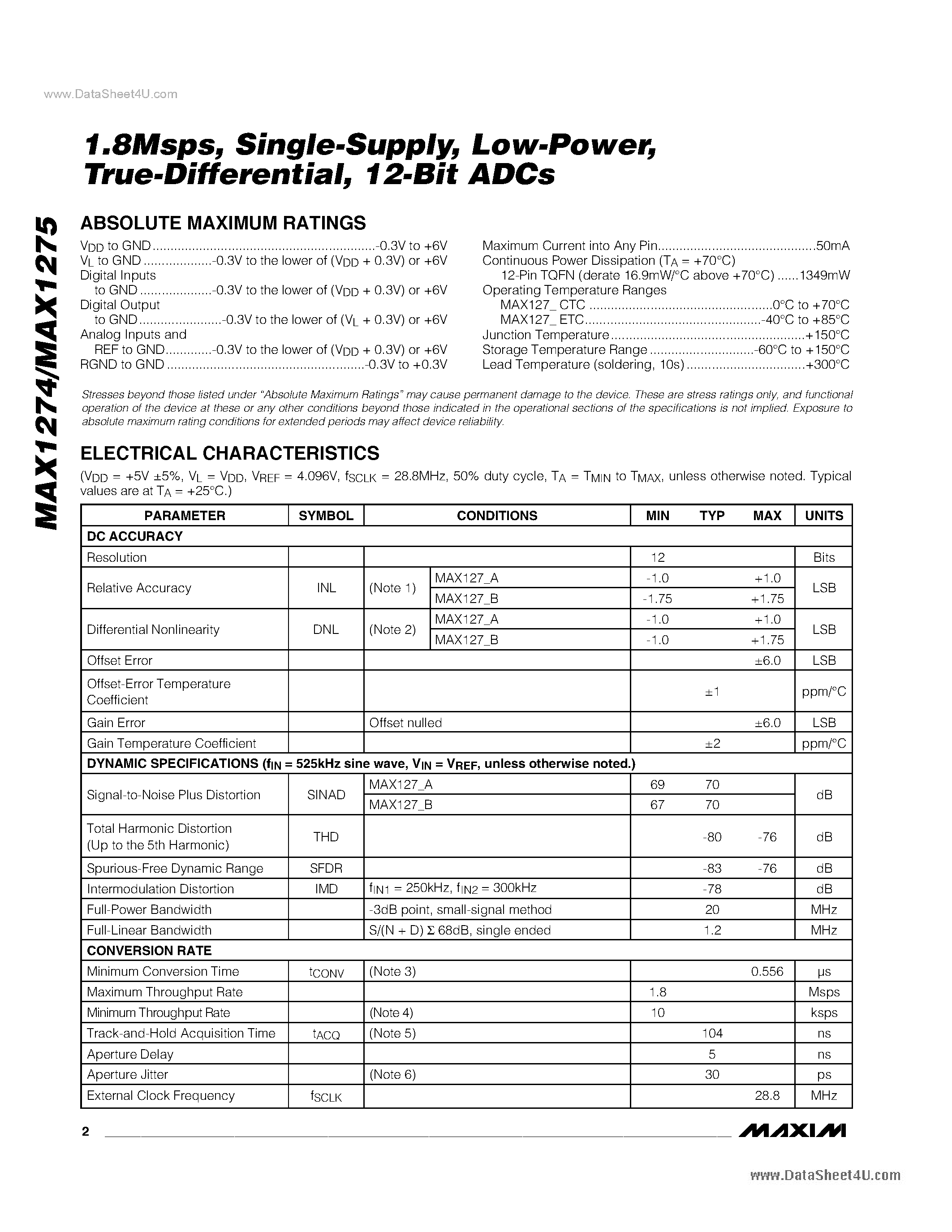 Даташит MAX1274 - (MAX1274 / MAX1275) 12-Bit ADCs страница 2