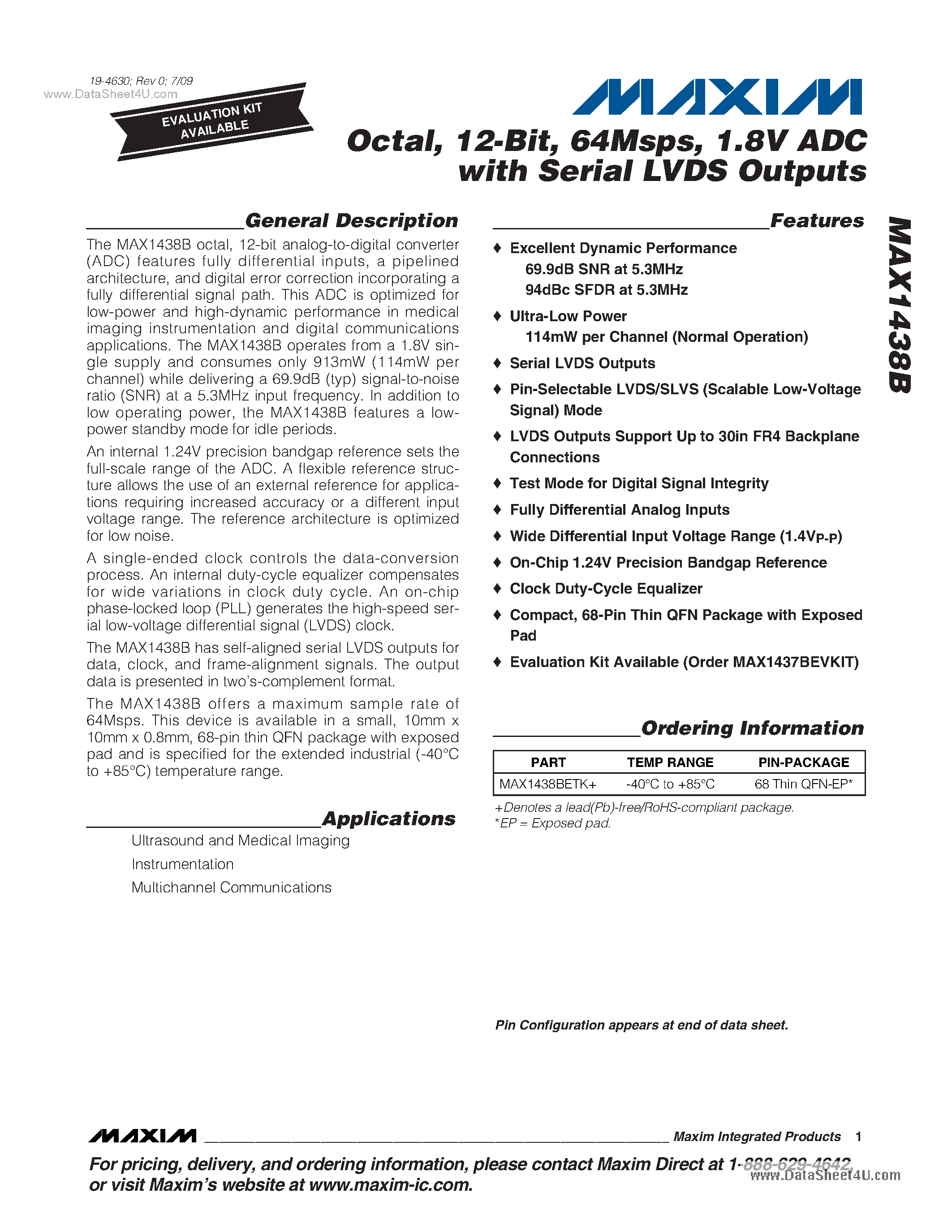Datasheet MAX1438B - 1.8V ADC page 1