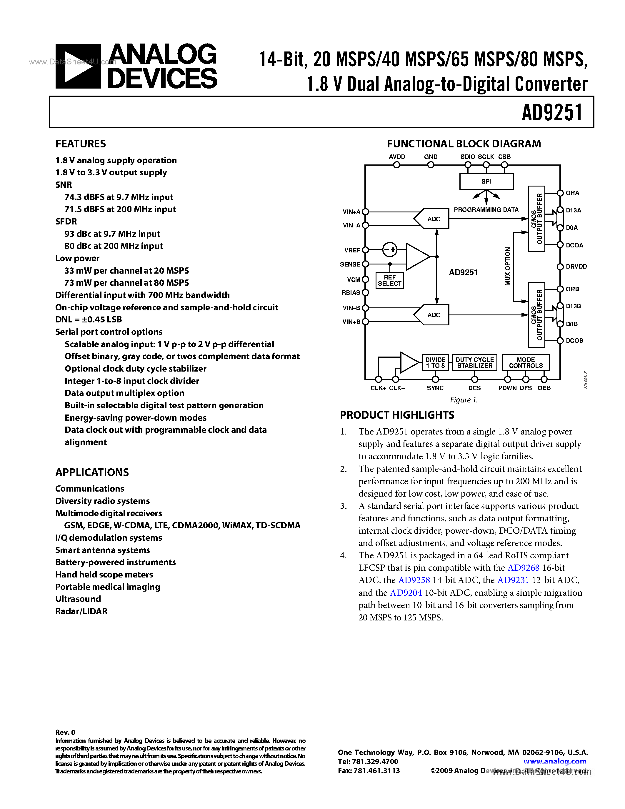Datasheet AD9251 - 1.8 V Dual Analog-to-Digital Converter page 1