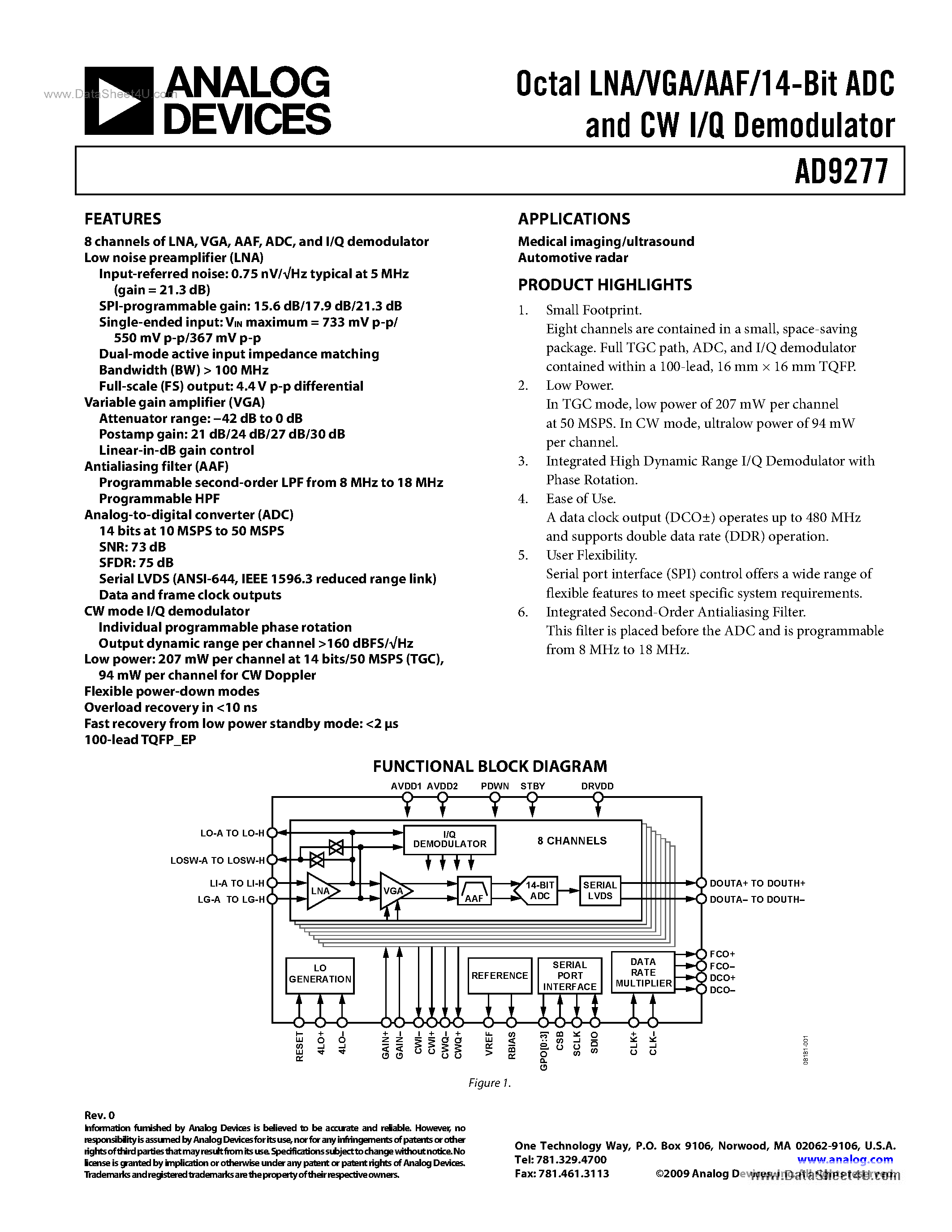 Даташит на микросхему AD9277 страница 1 Даташит AD9277 - Octal LNA/VGA/AAF/14-Bit ADC And CW I/Q Demodulator страница 1