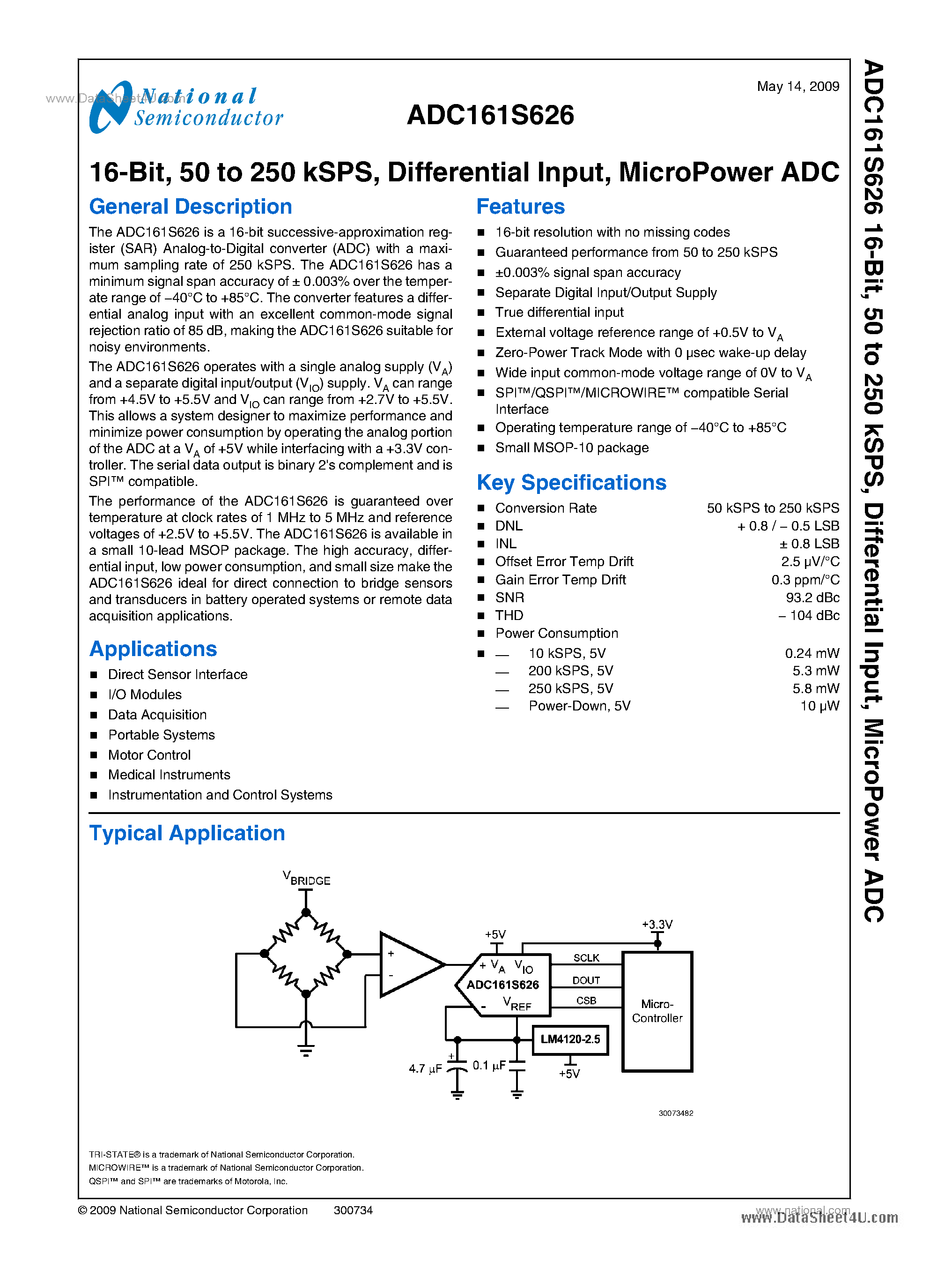 Даташит на микросхему ADC161S626 страница 1 Даташит ADC161S626 - MicroPower ADC страница 1