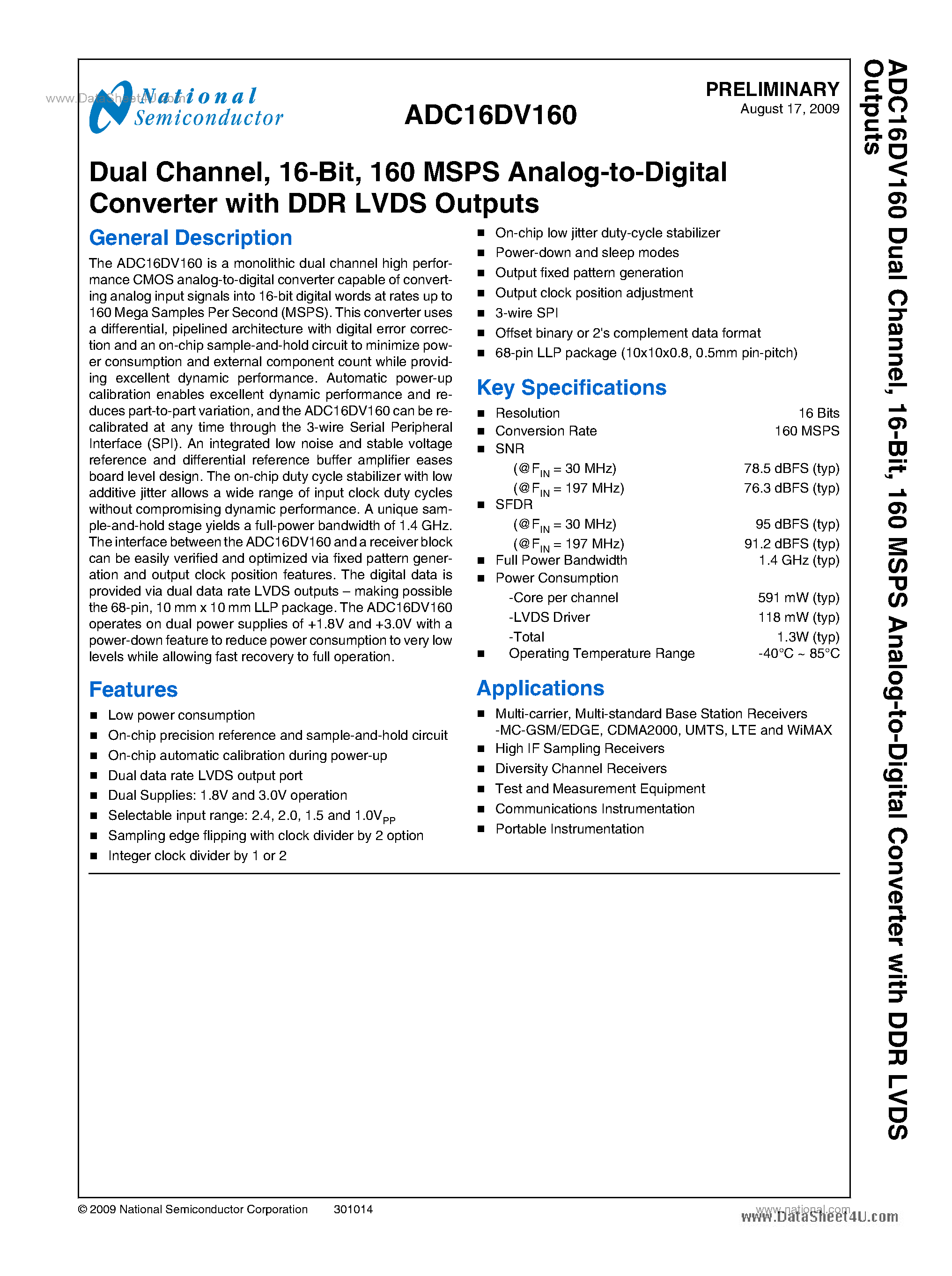 Datasheet ADC16DV160 - 160 MSPS Analog-to-Digital Converter page 1
