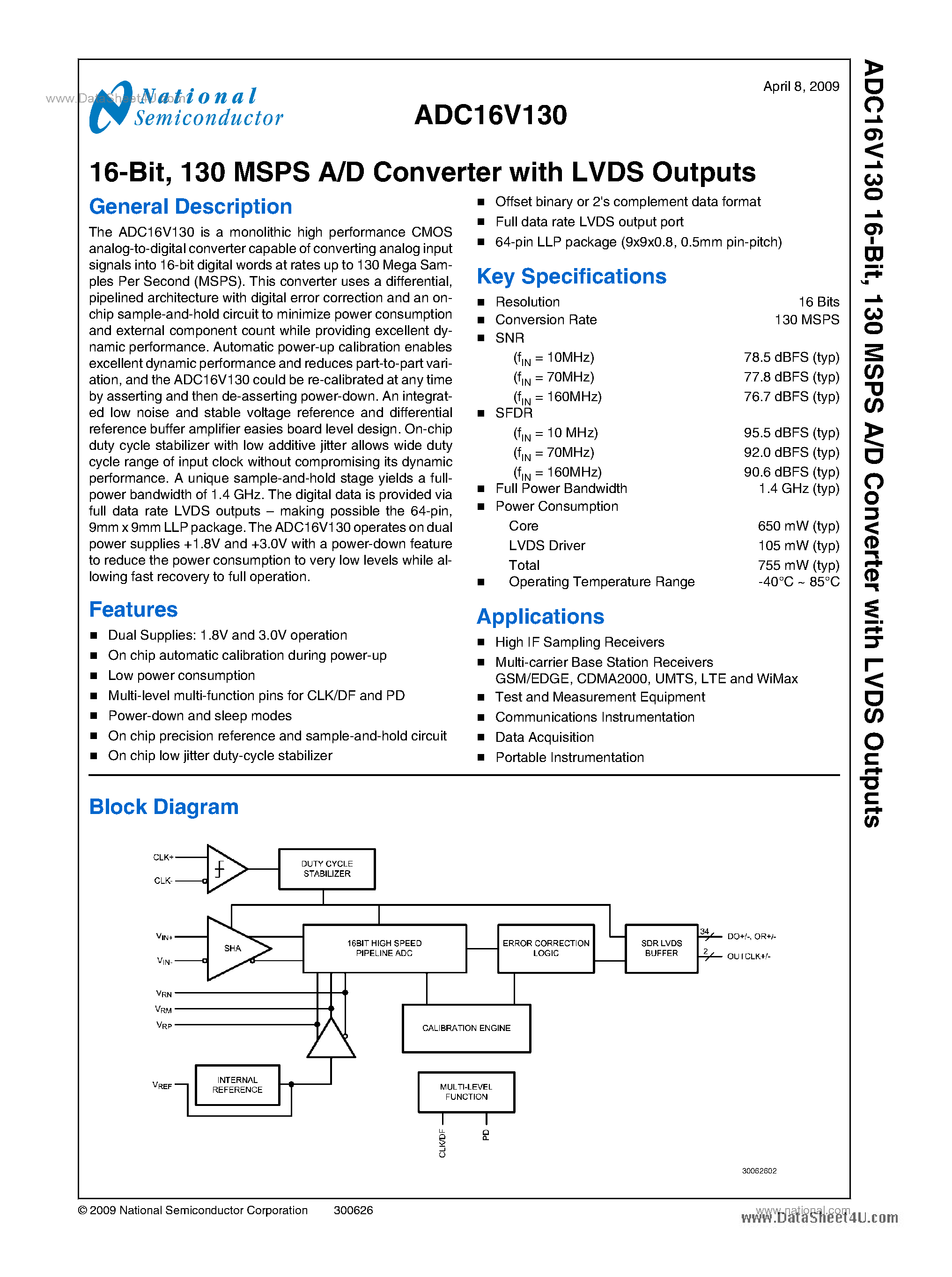Datasheet ADC16V130 page 1 Datasheet ADC16V130 - 130 MSPS A/D Converter page 1