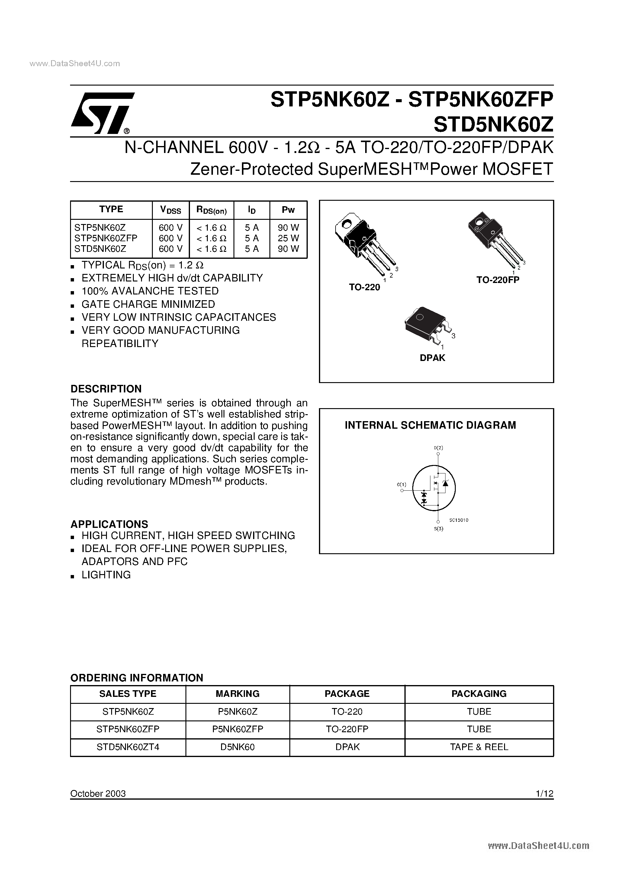 Даташит на микросхему 5NK60Z страница 1 Даташит 5NK60Z - Search -----> ST5NK60Z страница 1