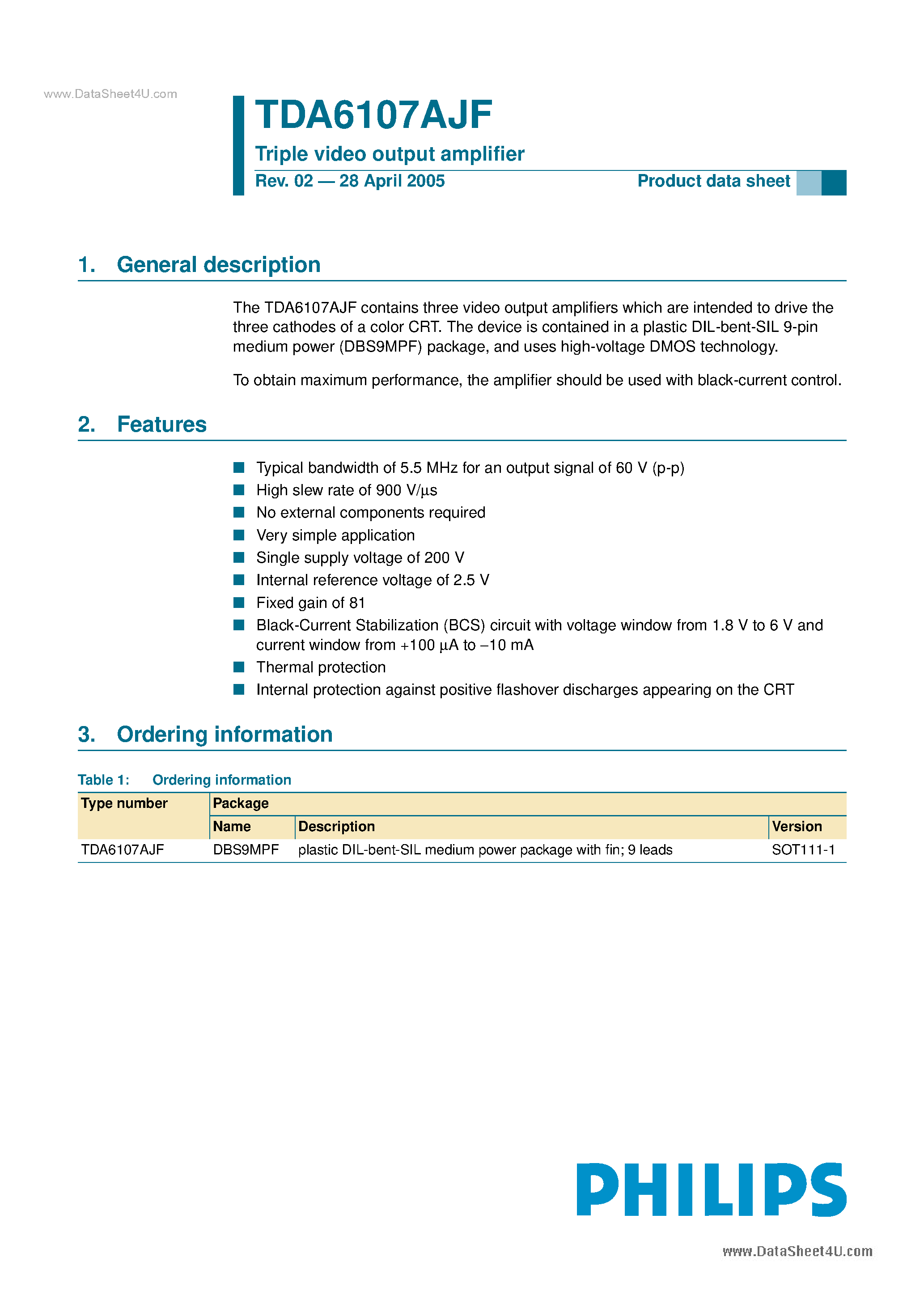 Даташит TDA6107AJF - Triple video output amplifier страница 1