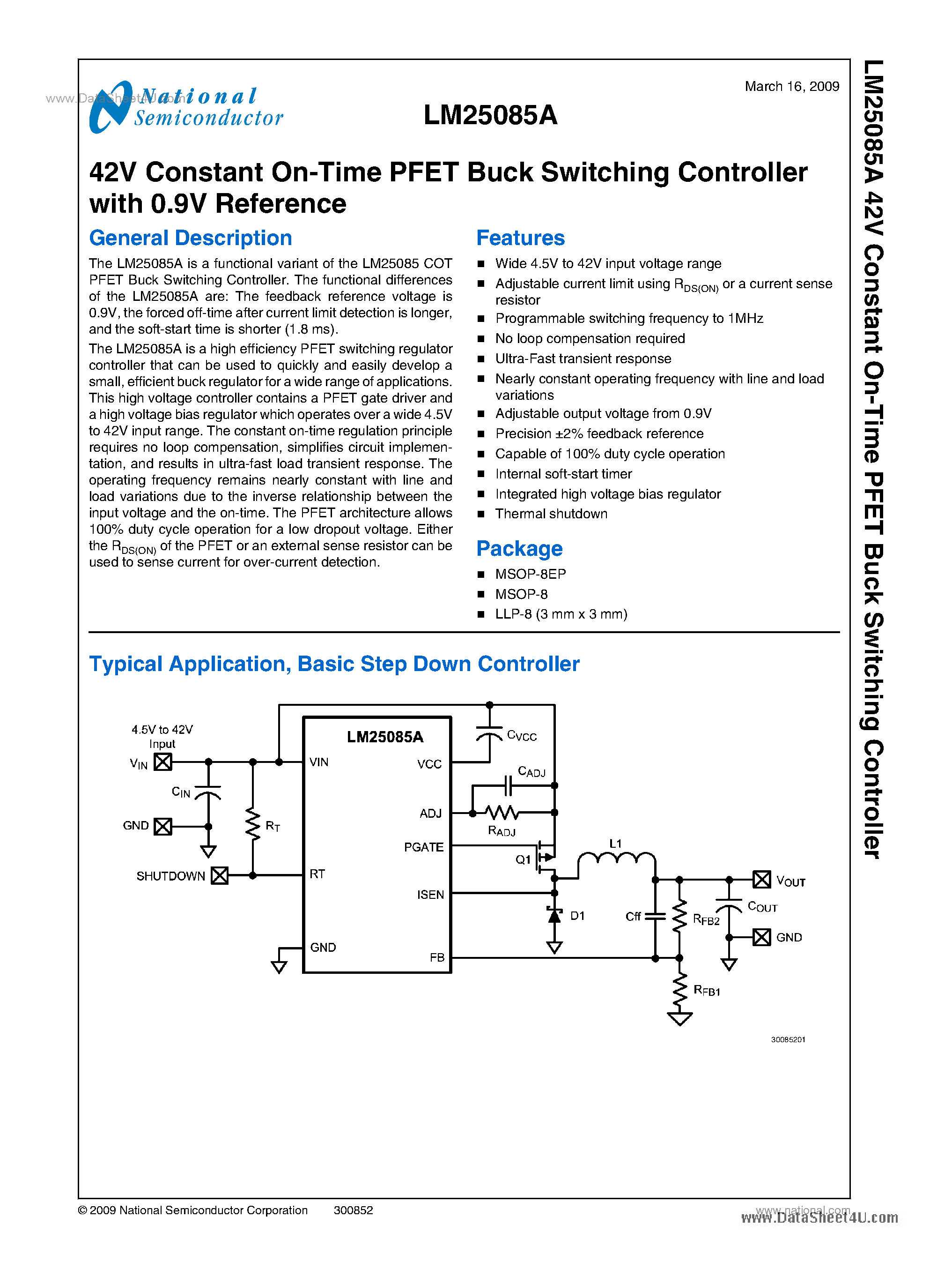 Даташит LM25085A - 42V Constant On-Time PFET Buck Switching Controller страница 1