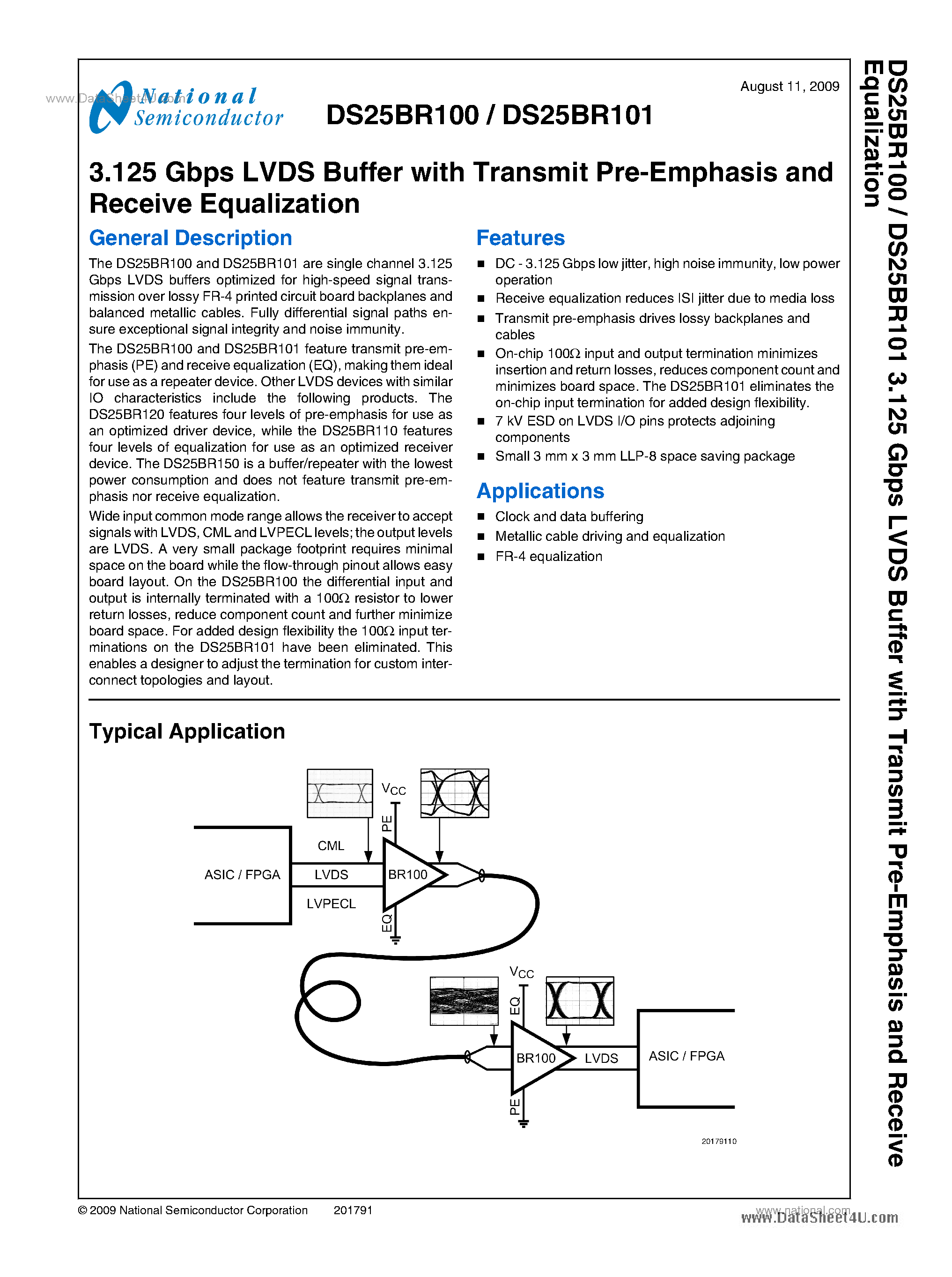 Datasheet DS25BR100 - (DS25BR100 / DS25BR101) 3.125 Gbps LVDS Buffer page 1